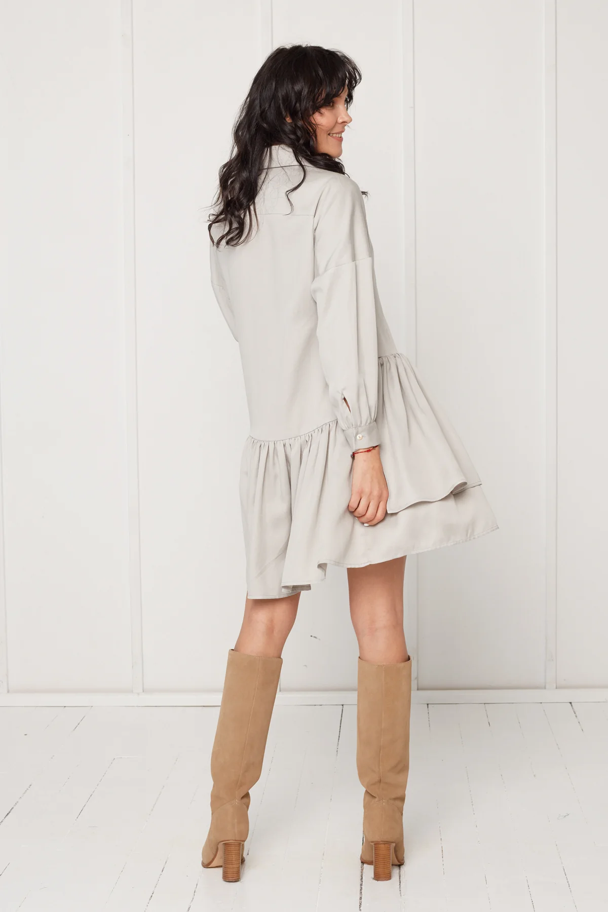 EVA tencel shirt dress with double front frill in light grey - Image 5