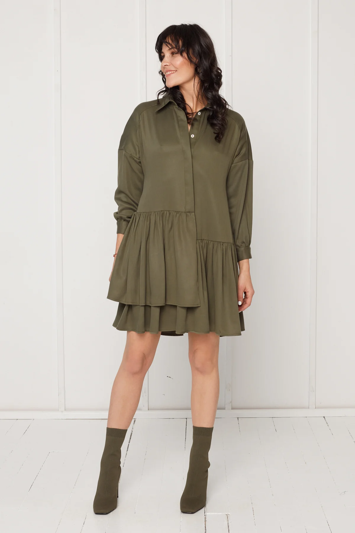 EVA tencel shirt dress with double front frill in military green - Image 2