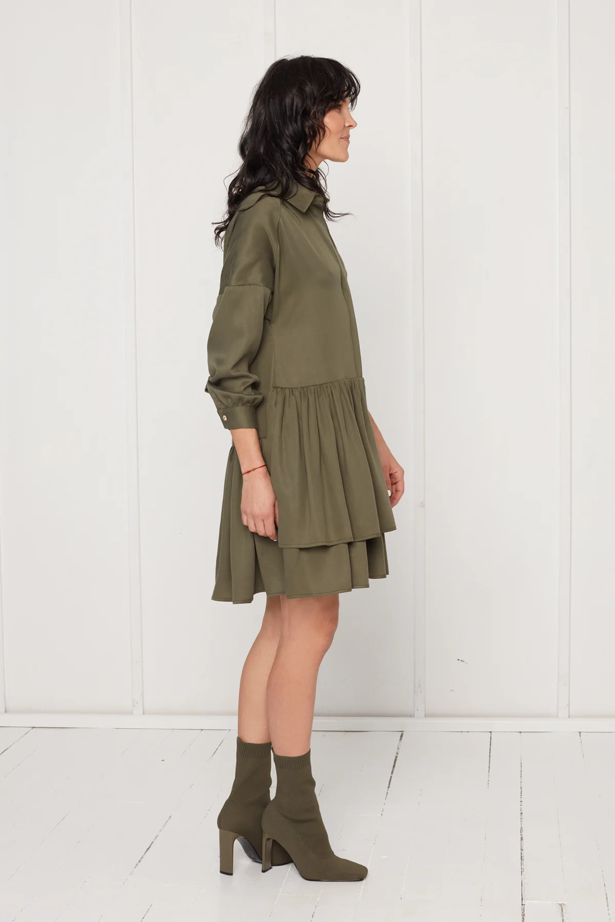 EVA tencel shirt dress with double front frill in military green - Image 3