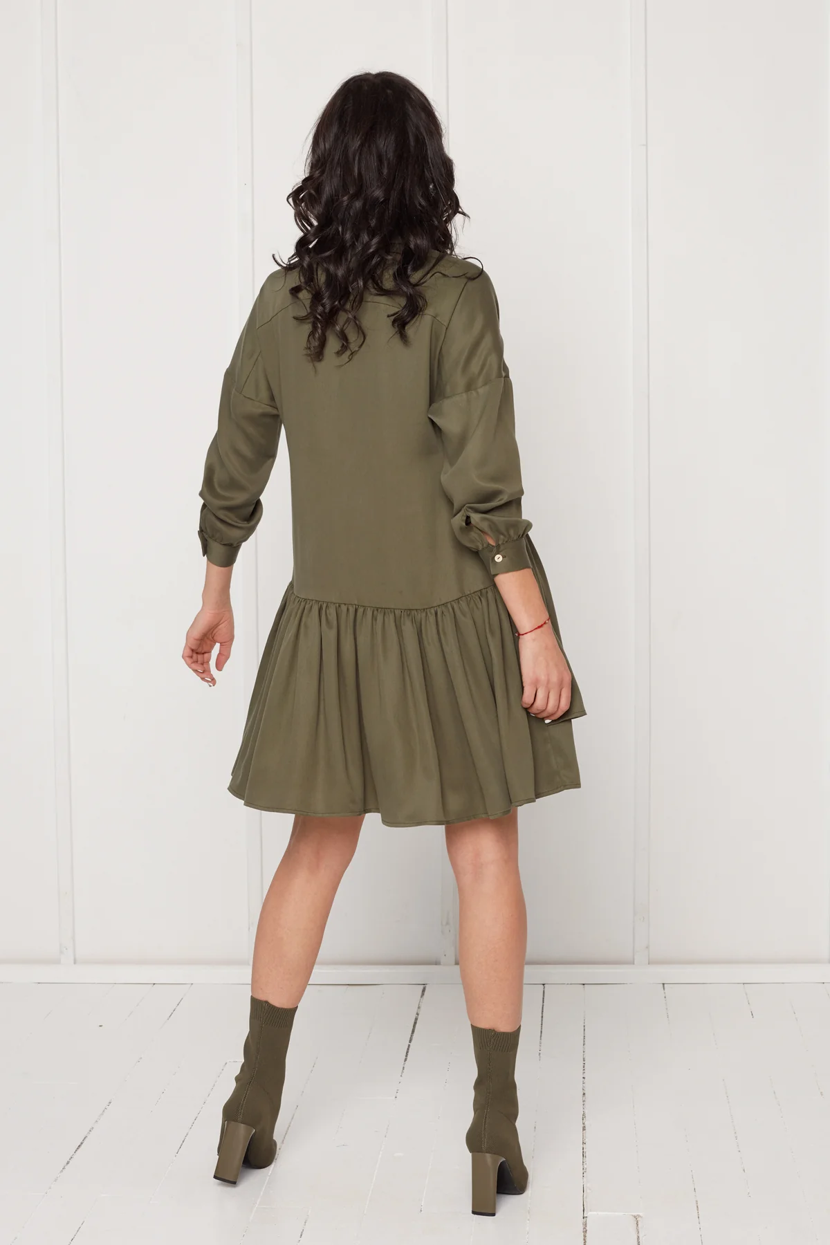 EVA tencel shirt dress with double front frill in military green - Image 4