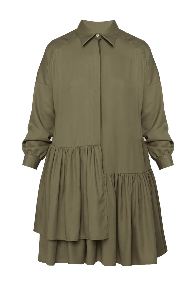 EVA tencel shirt dress with double front frill in military green - Image 5