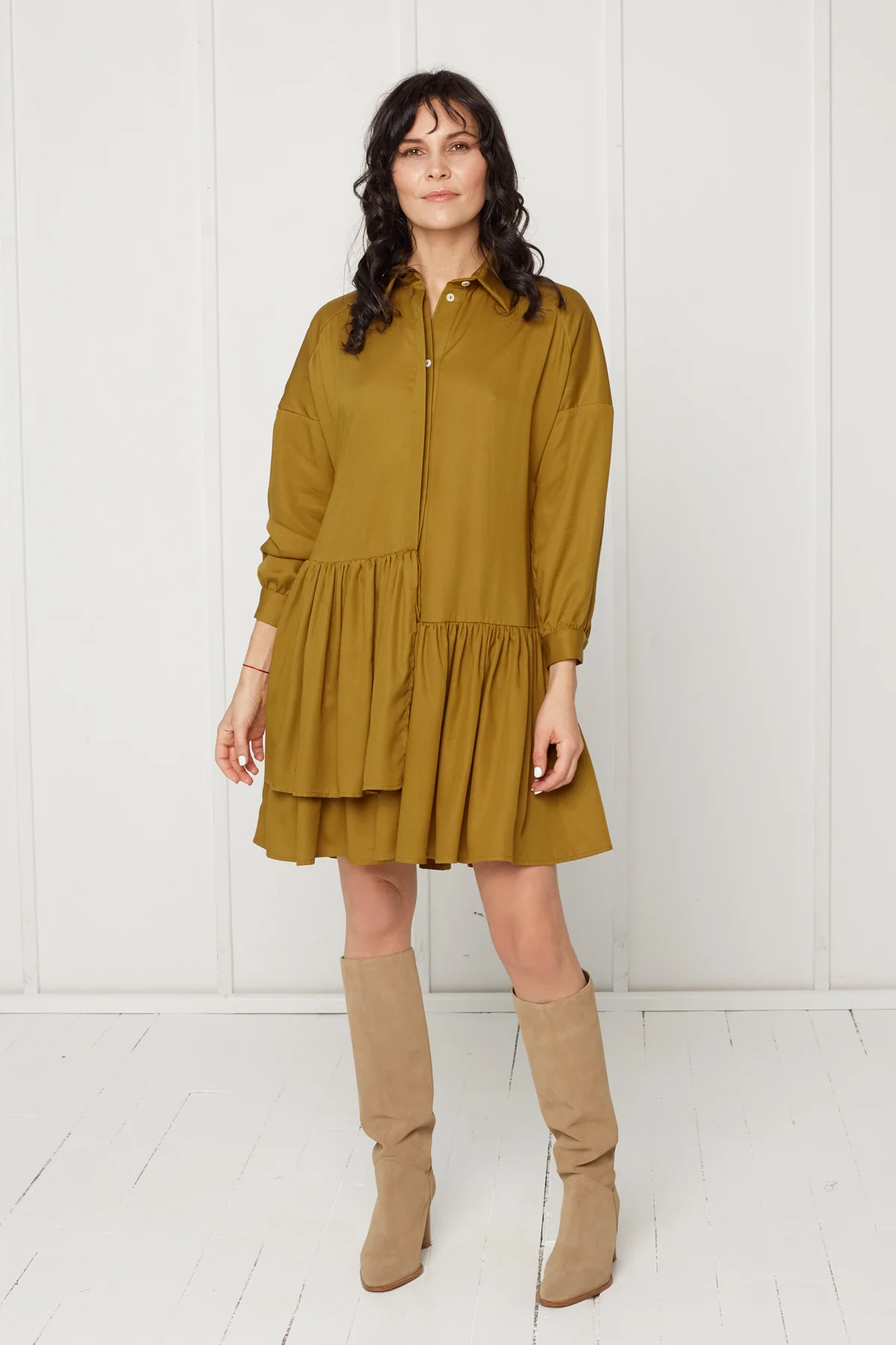 EVA tencel shirt dress with double front frill in olive green