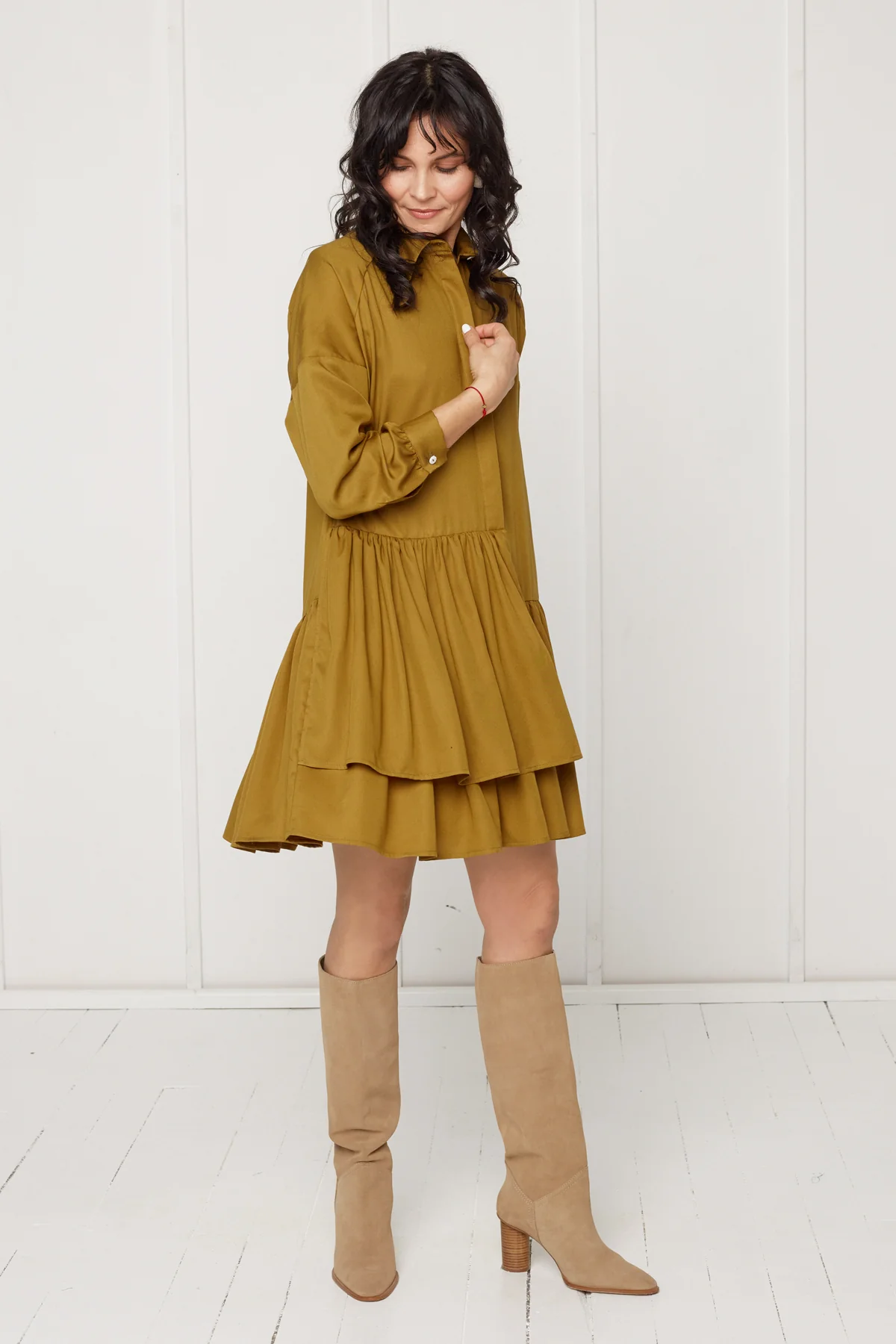 EVA tencel shirt dress with double front frill in olive green - Image 2