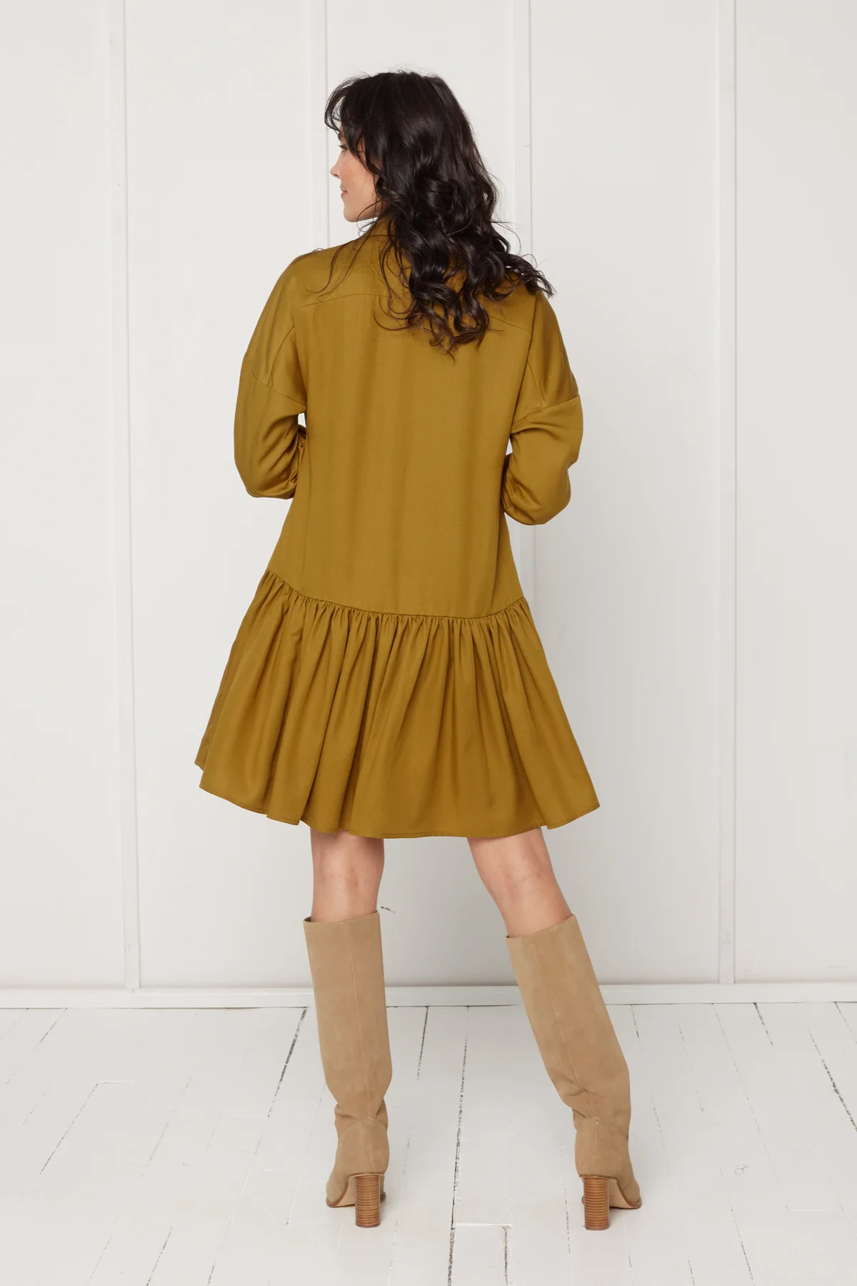 EVA tencel shirt dress with double front frill in olive green - Image 3