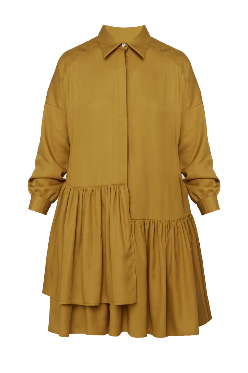 EVA tencel shirt dress with double front frill in olive green - Image 4
