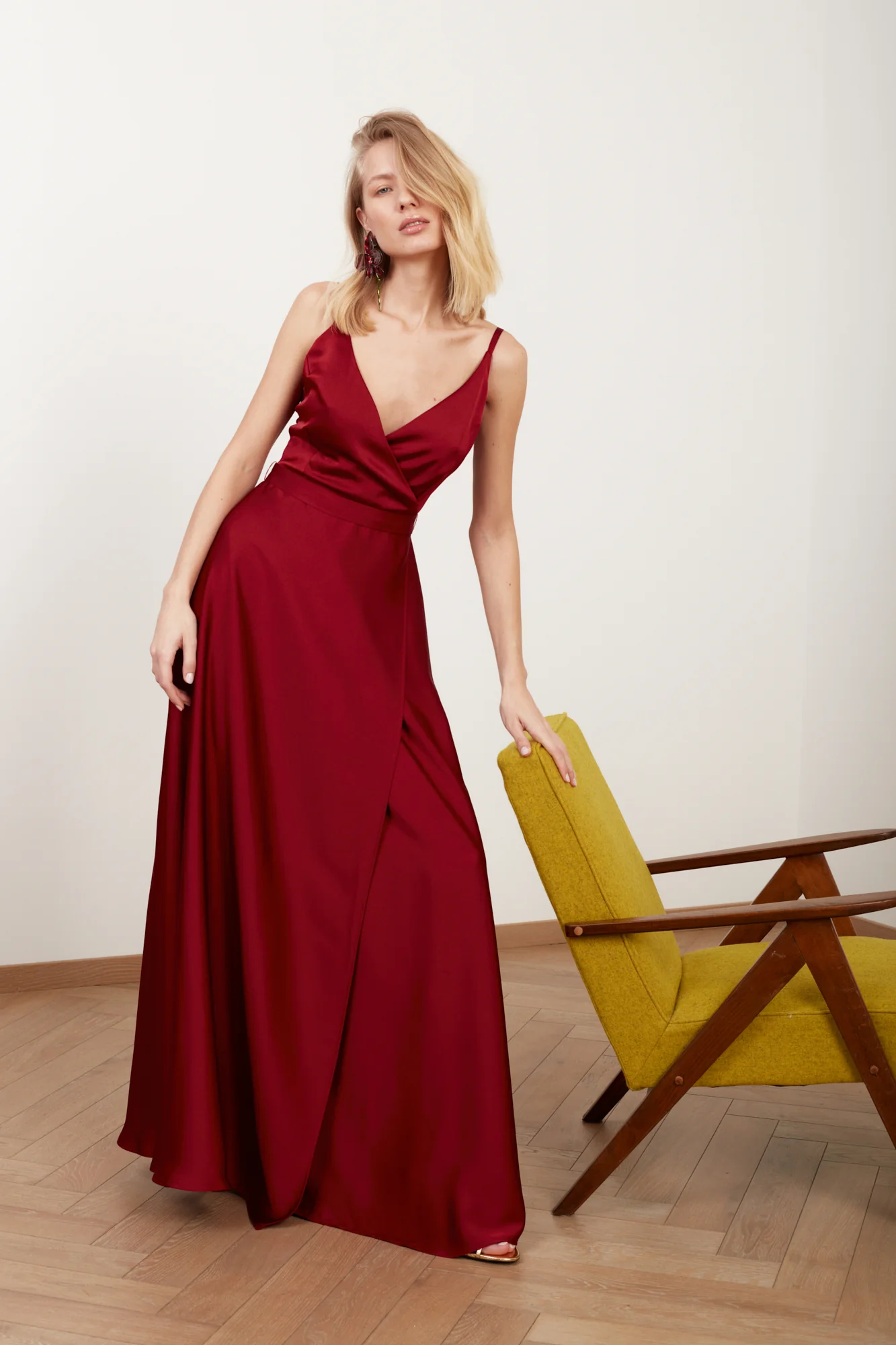 FREYA burgundy red satin maxi wedding guest dress - Image 2
