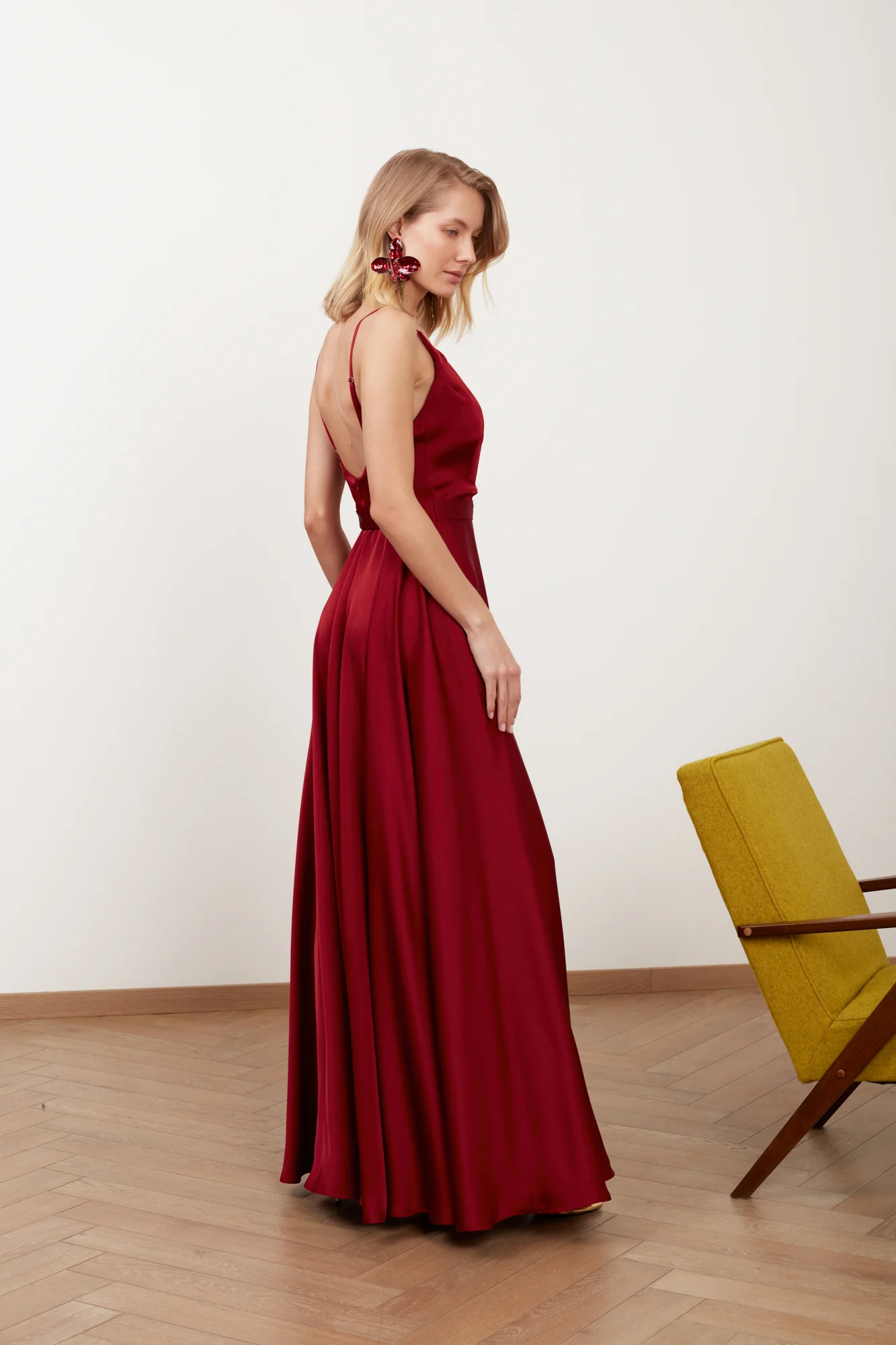 FREYA burgundy red satin maxi wedding guest dress - Image 4
