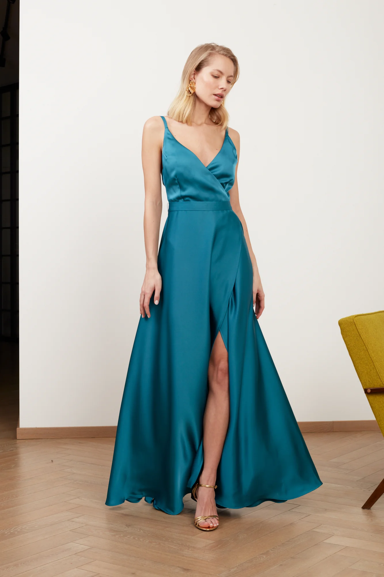 FREYA dark turquoise blue satin maxi evening dress - Image 4