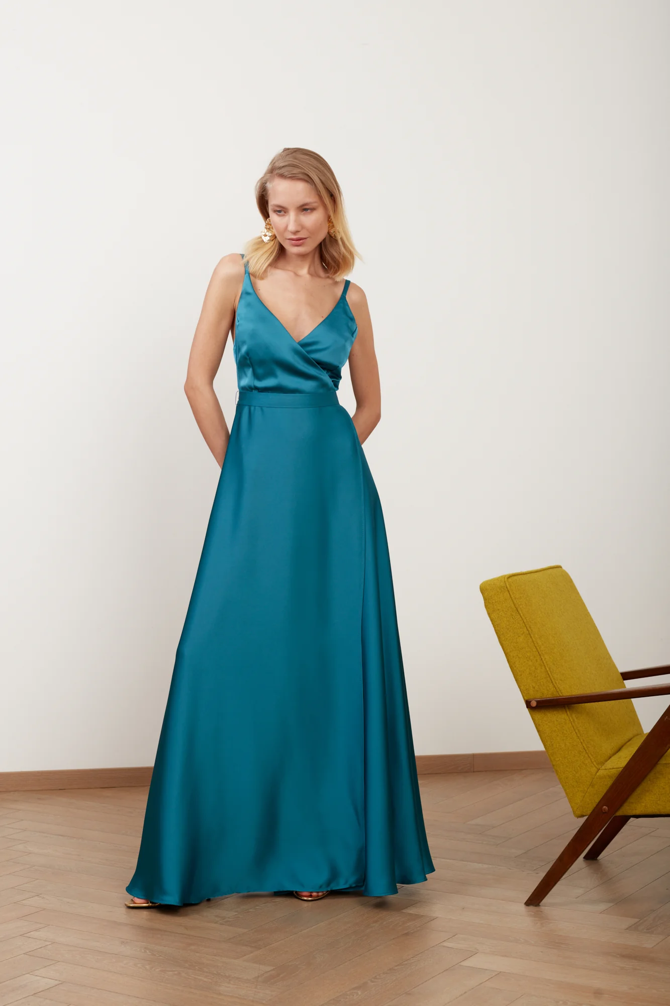 FREYA dark turquoise blue satin maxi evening dress - Image 5