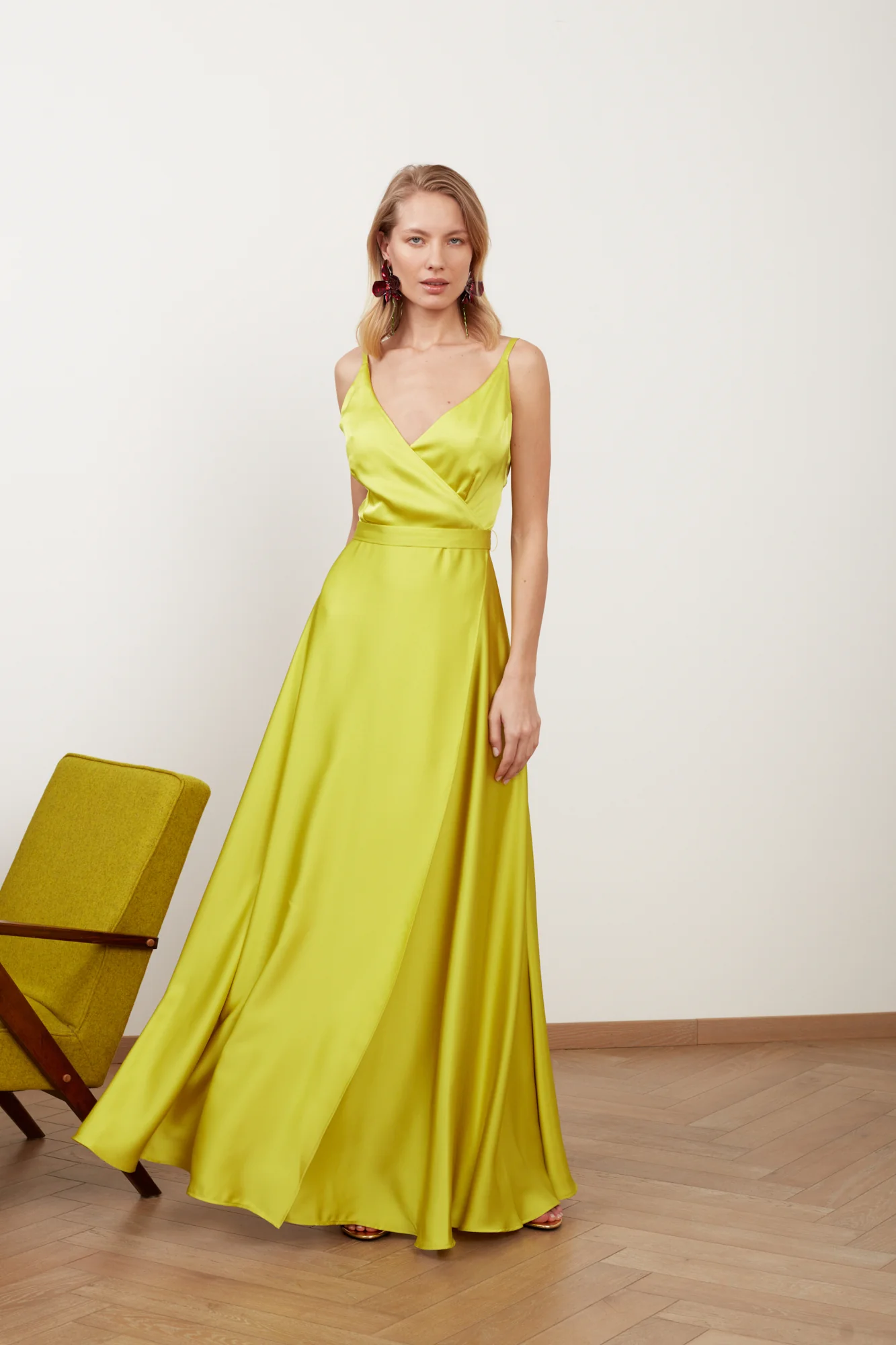 FREYA lime green satin long evening gown - Image 4