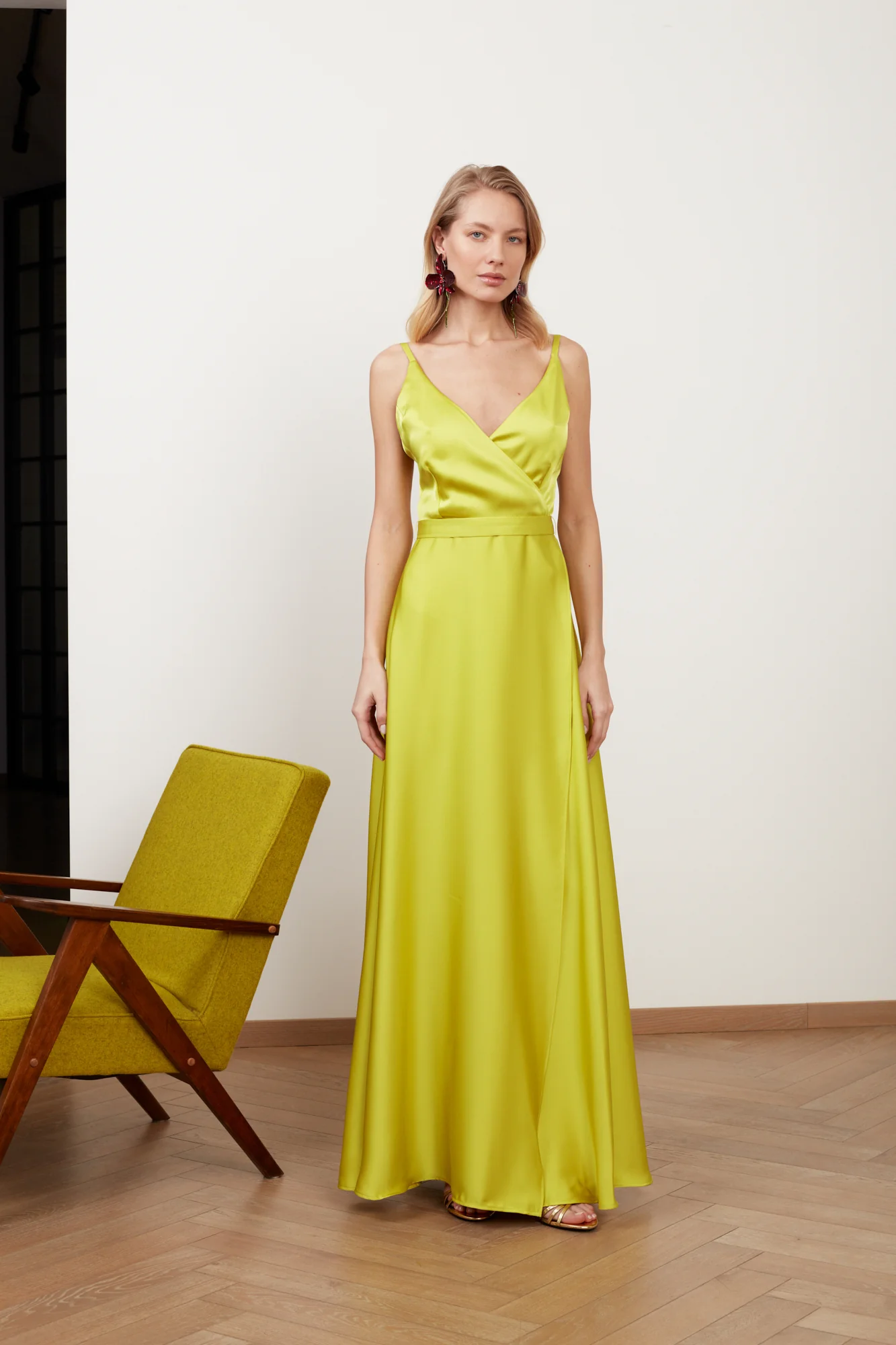 FREYA lime green satin long evening gown - Image 5