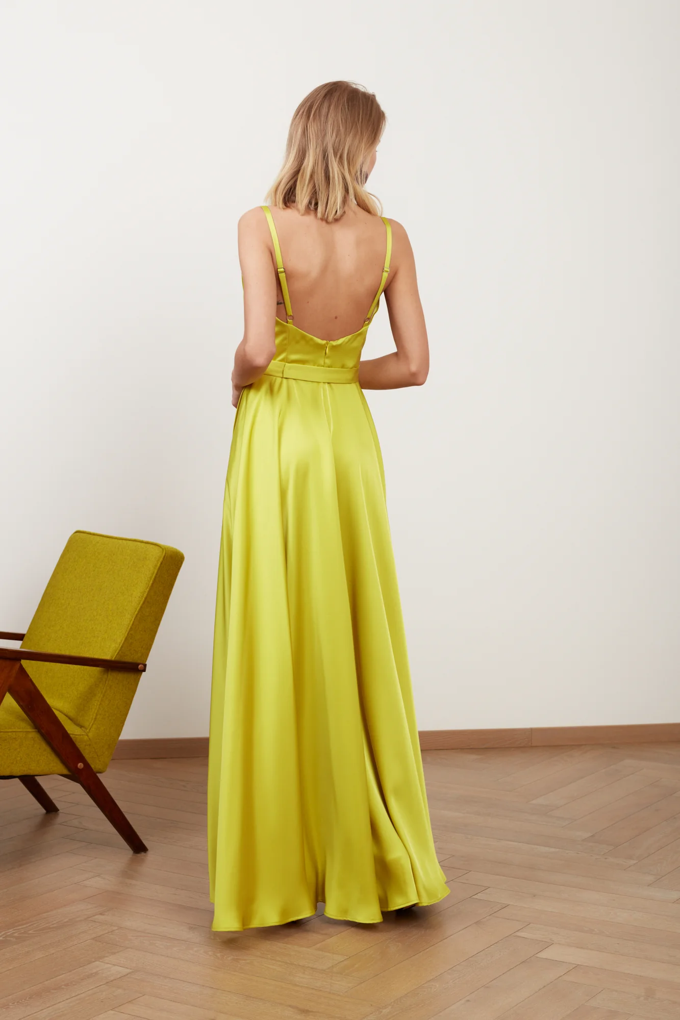 FREYA lime green satin long evening gown - Image 6