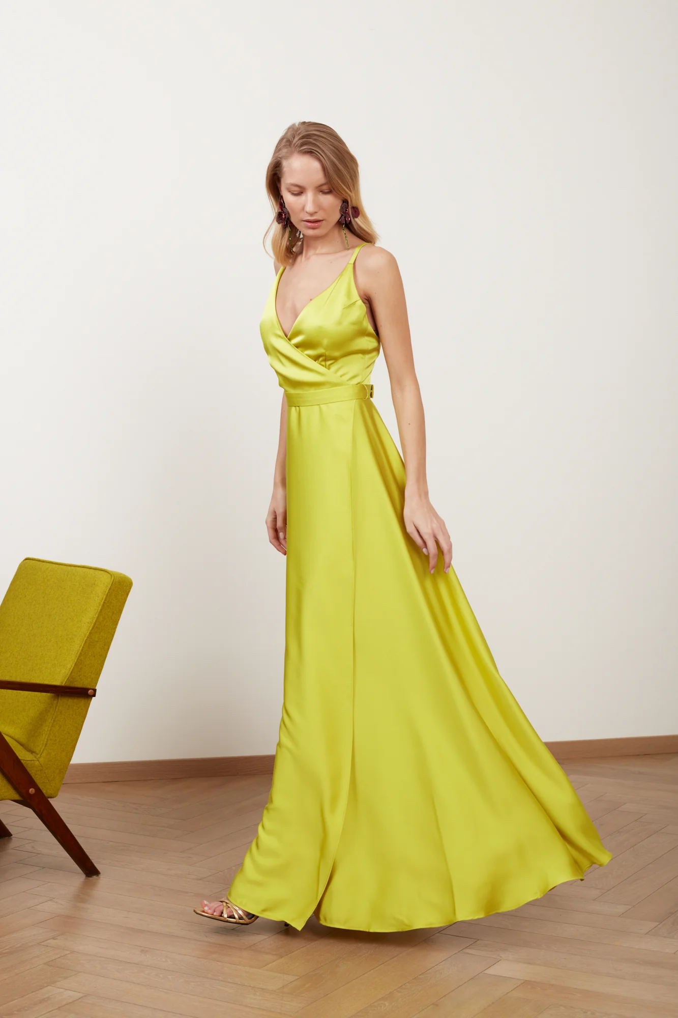 FREYA lime green satin long evening gown - Image 7