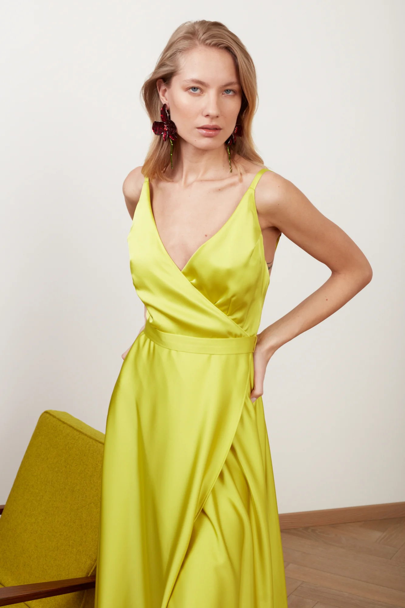 FREYA lime green satin long evening gown - Image 8