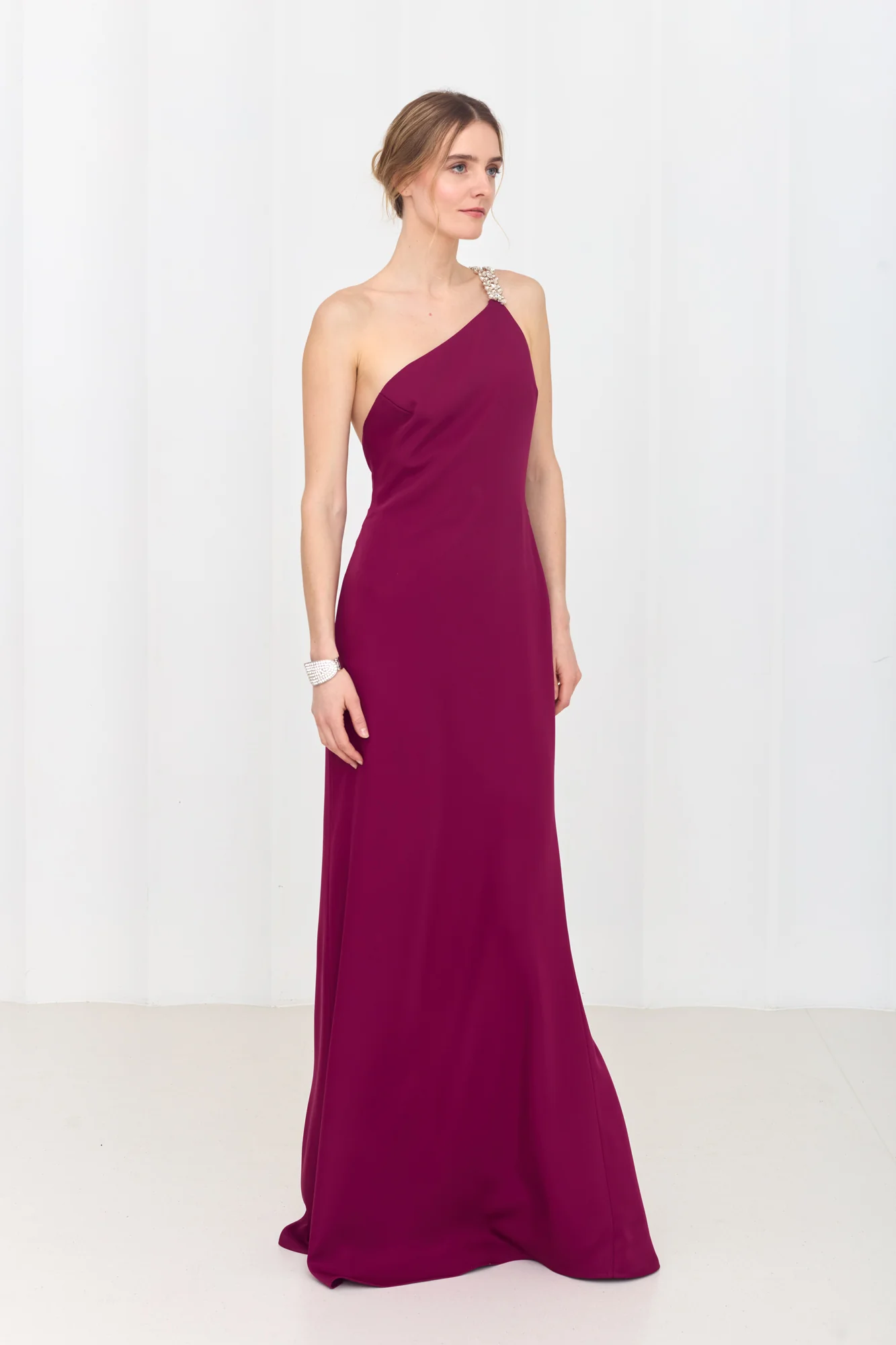 GLORIA Fuchsia Pink Maxi Dress with One-Shoulder Sparkling Straps - Image 3