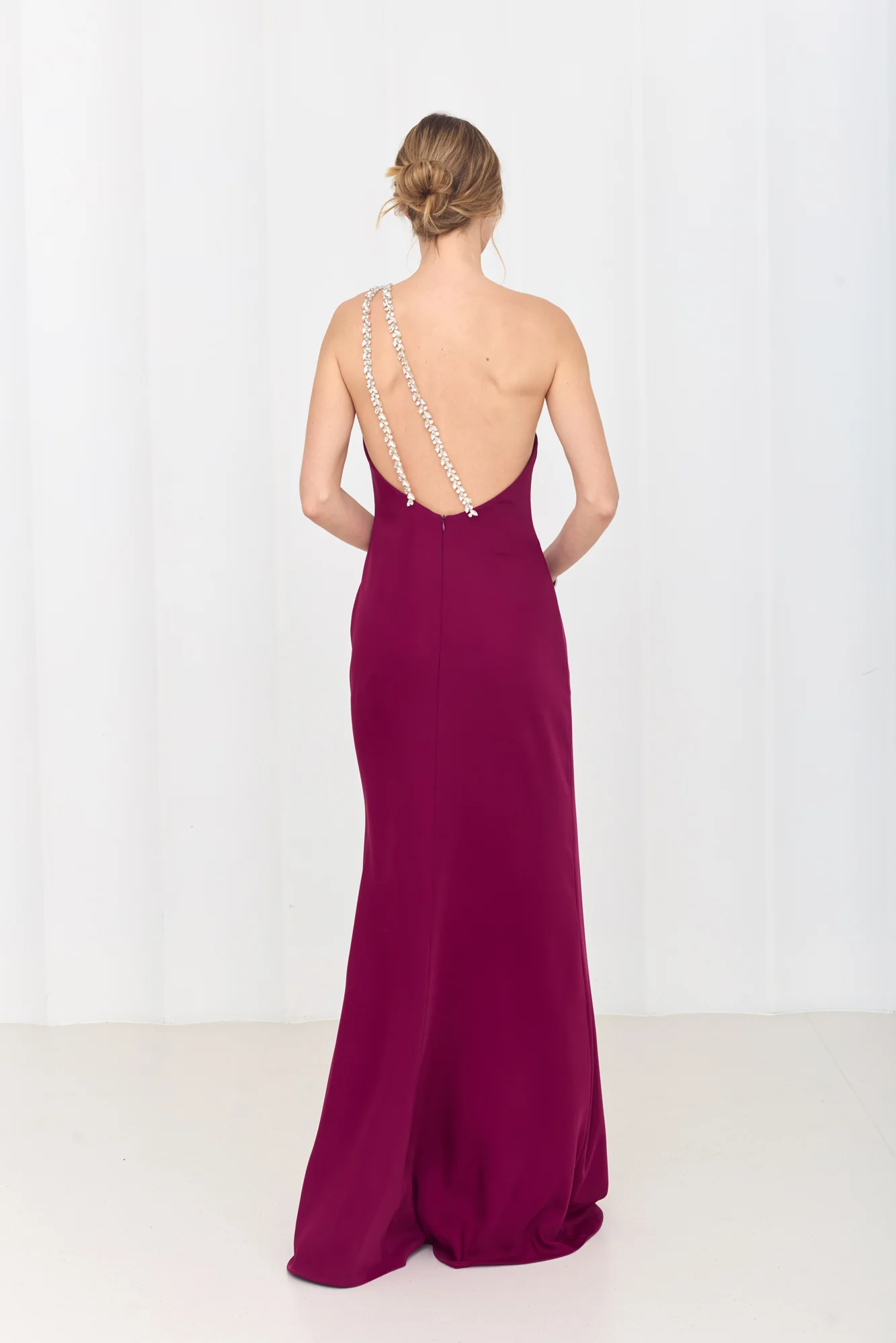 GLORIA Fuchsia Pink Maxi Dress with One-Shoulder Sparkling Straps - Image 4