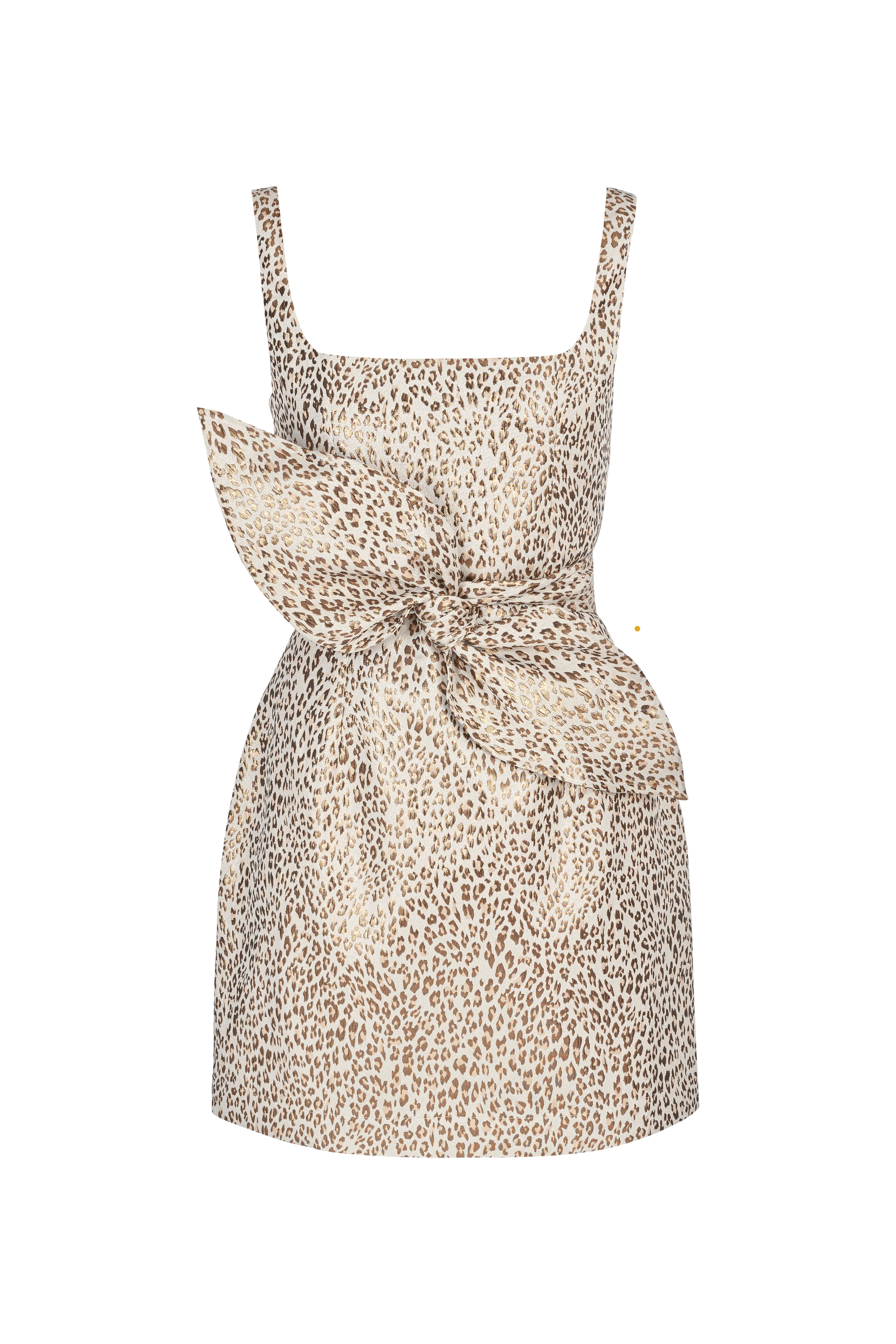 GOLDA Beige Gold Jacquard Fabric Mini Dress With Bow Belt - Image 7