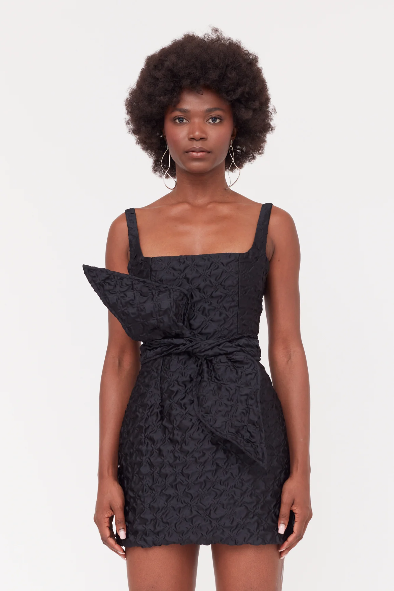 GOLDA Black Textured Fabric Mini Dress With Bow Belt - Image 3