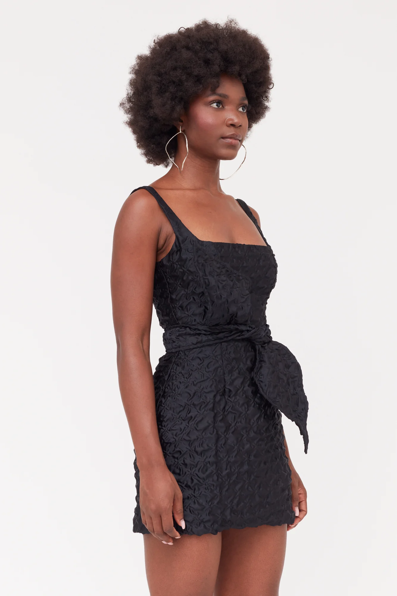 GOLDA Black Textured Fabric Mini Dress With Bow Belt - Image 5