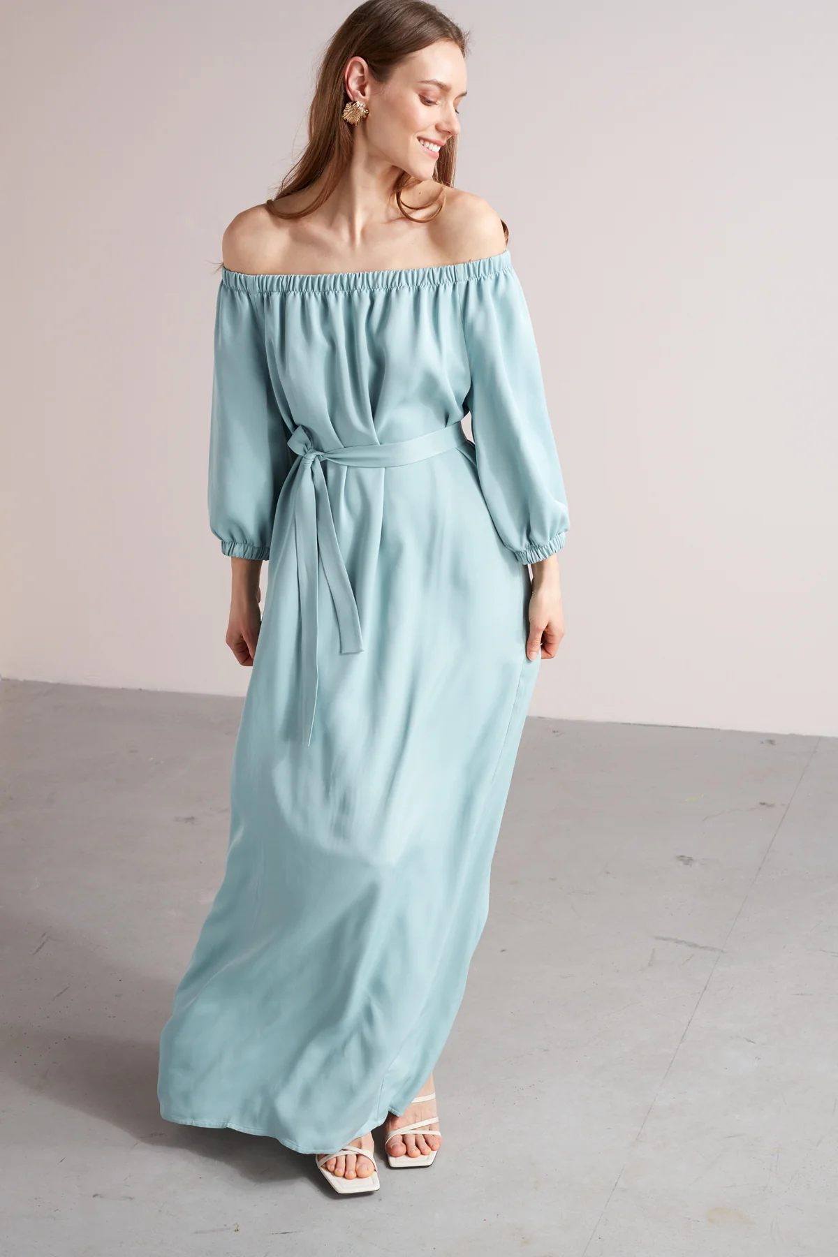 GOYA off shoulder maxi dress in dusty blue