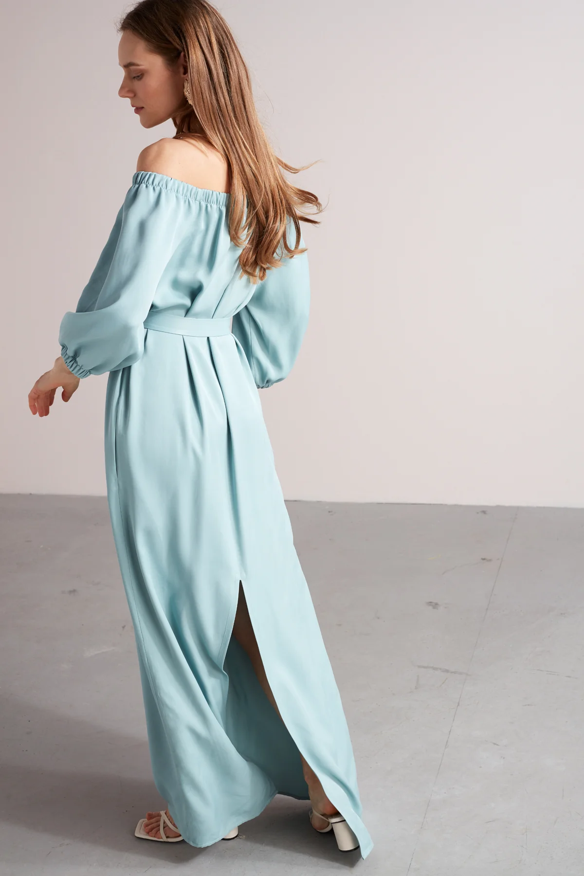 GOYA off shoulder maxi dress in dusty blue - Image 2