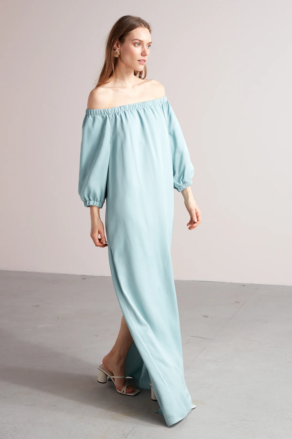 GOYA off shoulder maxi dress in dusty blue - Image 4