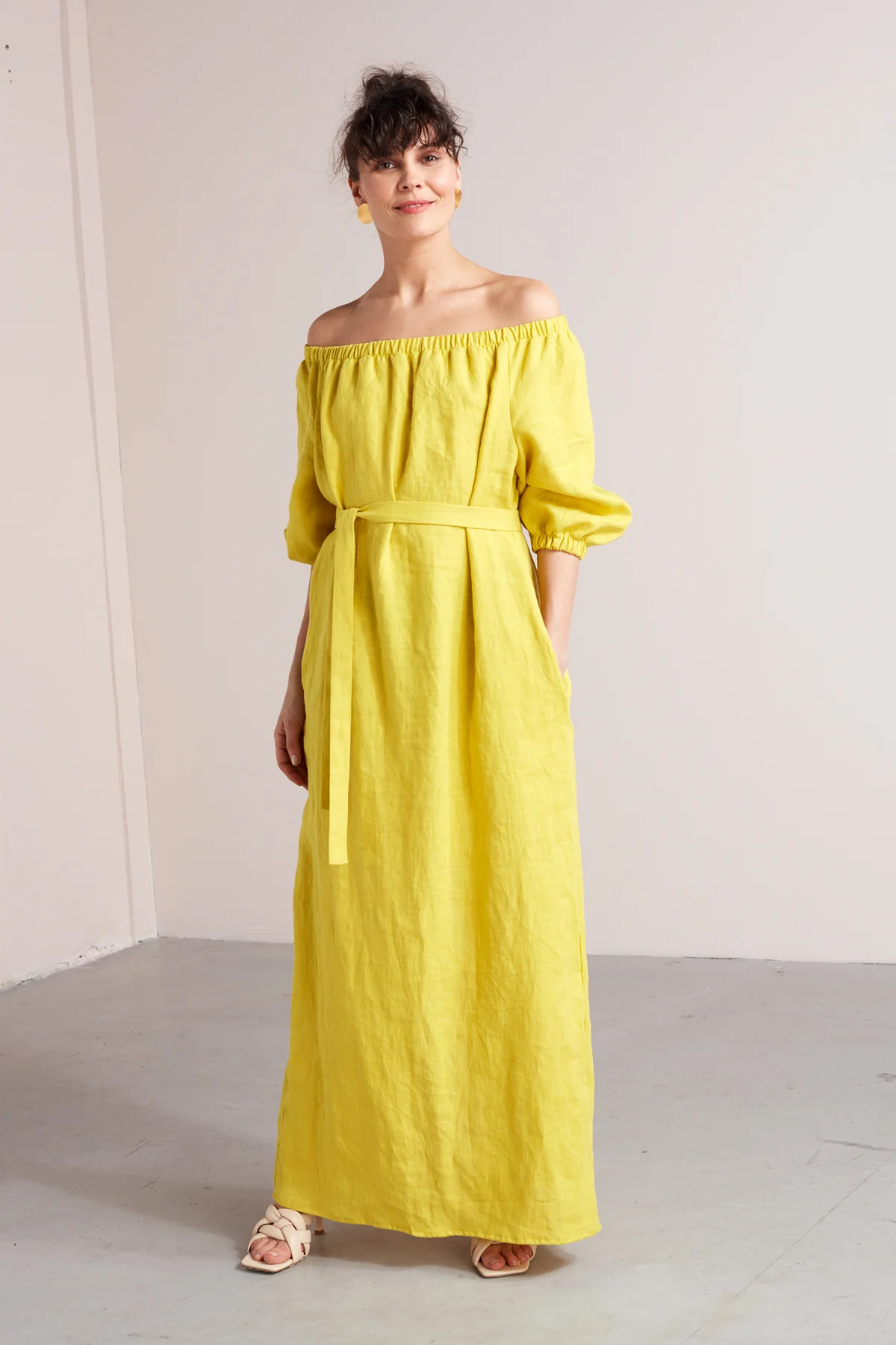 GOYA off shoulder maxi linen dress in lemon yellow