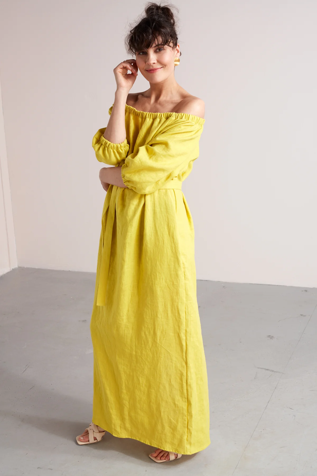 GOYA off shoulder maxi linen dress in lemon yellow - Image 2