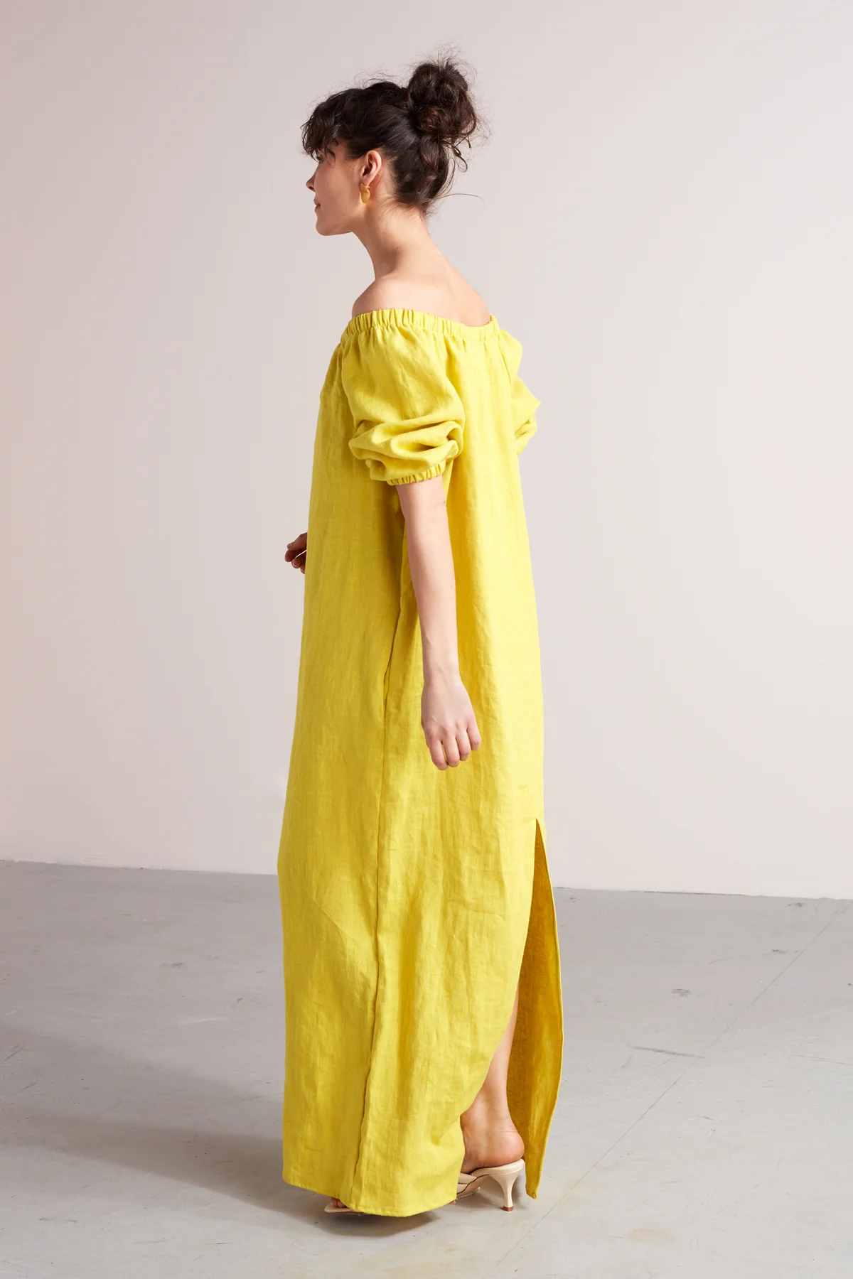 GOYA off shoulder maxi linen dress in lemon yellow - Image 3