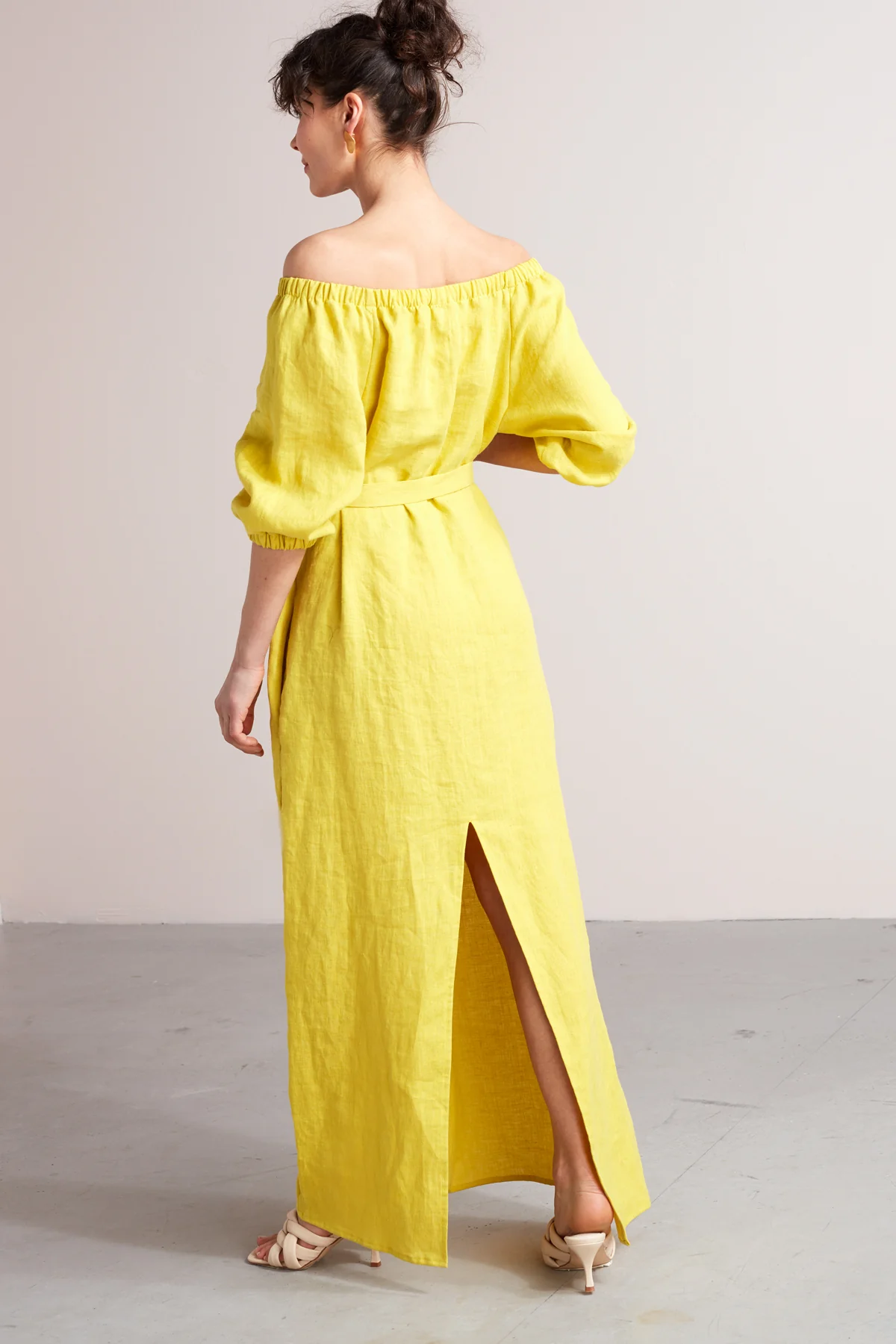 GOYA off shoulder maxi linen dress in lemon yellow - Image 4