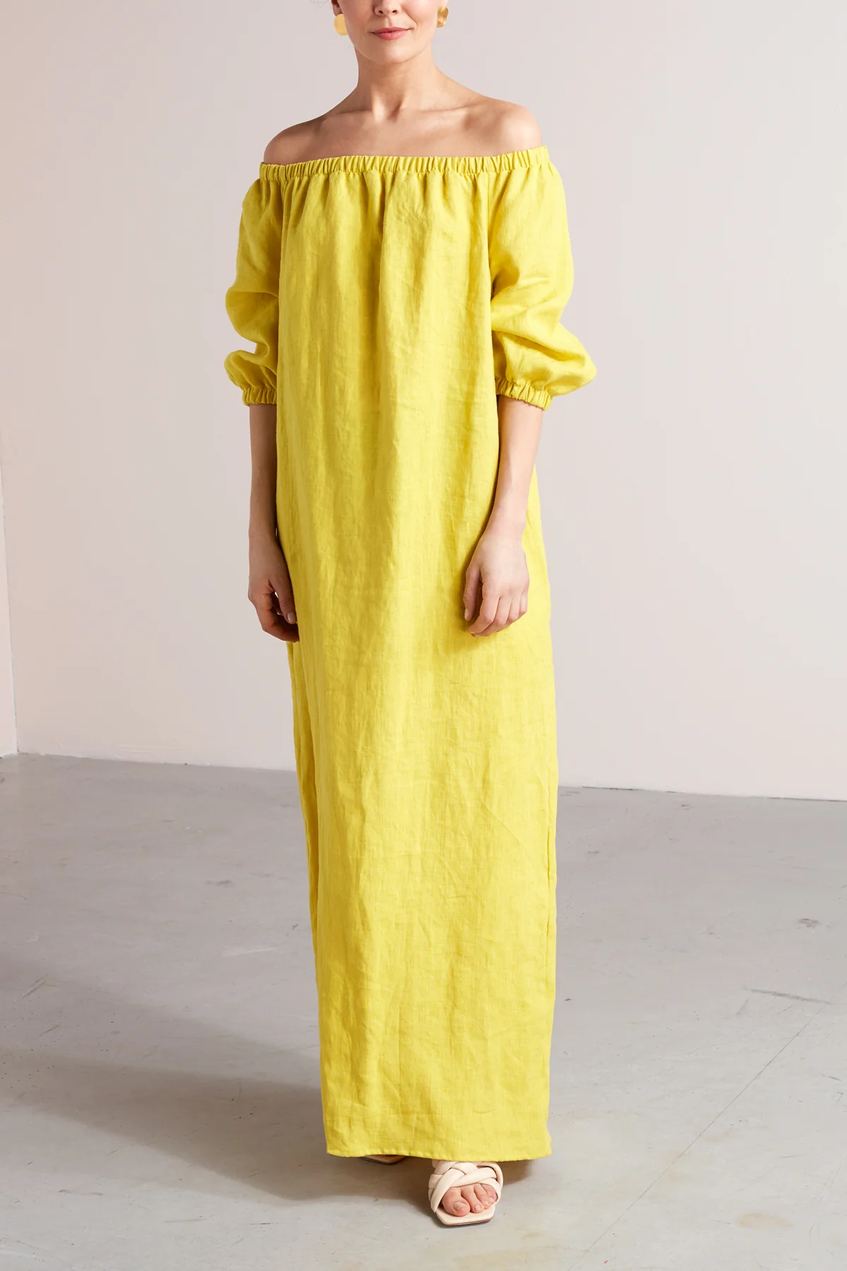 GOYA off shoulder maxi linen dress in lemon yellow - Image 5