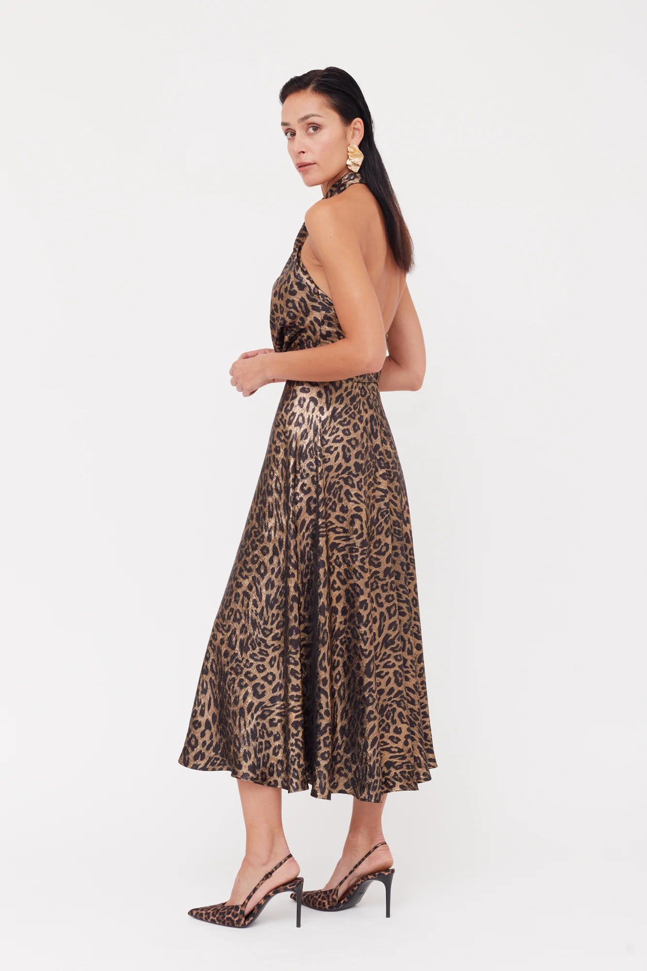 HEIDI Black Bronze Leopard Print Midi Dress - Image 4