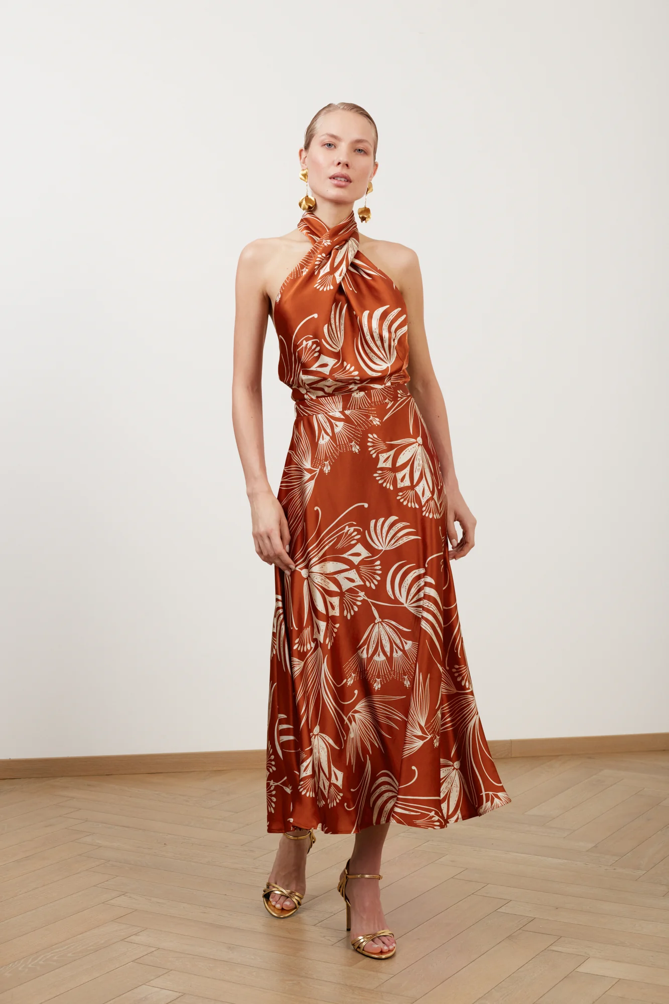 HEIDI brown floral midi criss cross neck dress - Image 4
