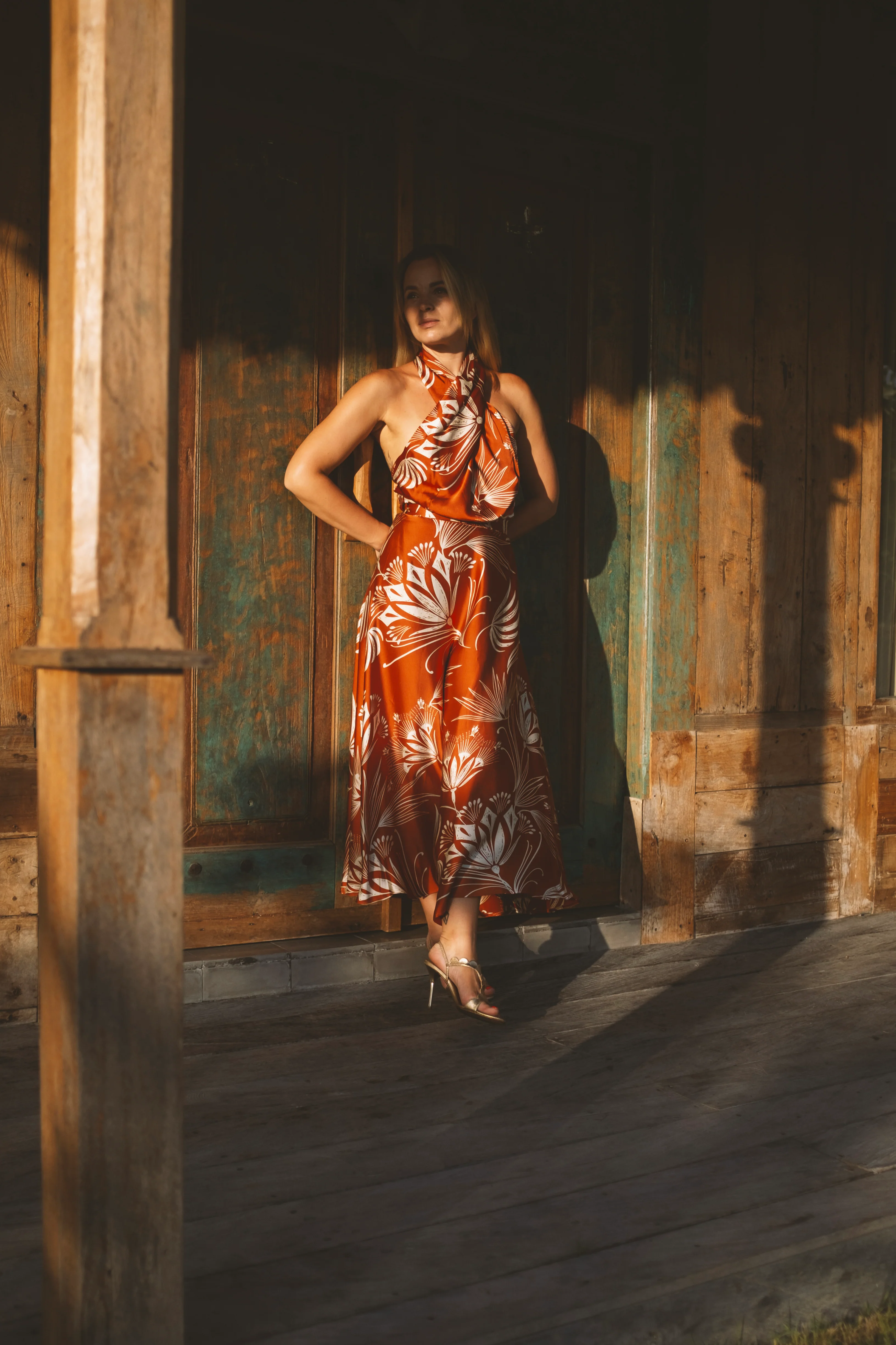 HEIDI brown floral midi criss cross neck dress - Image 7