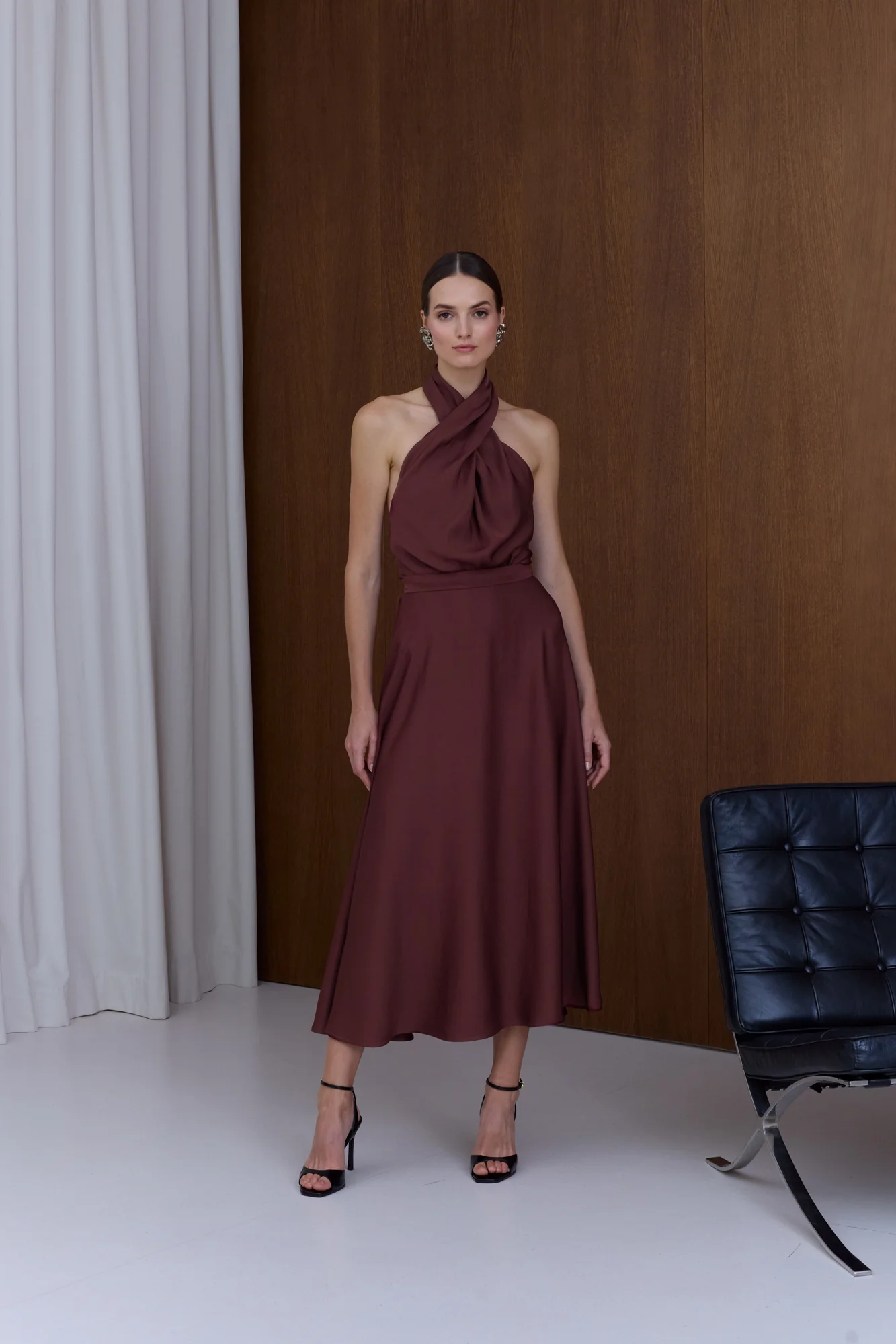 HEIDI Burgundy X Neck Midi Party Dress - Image 2