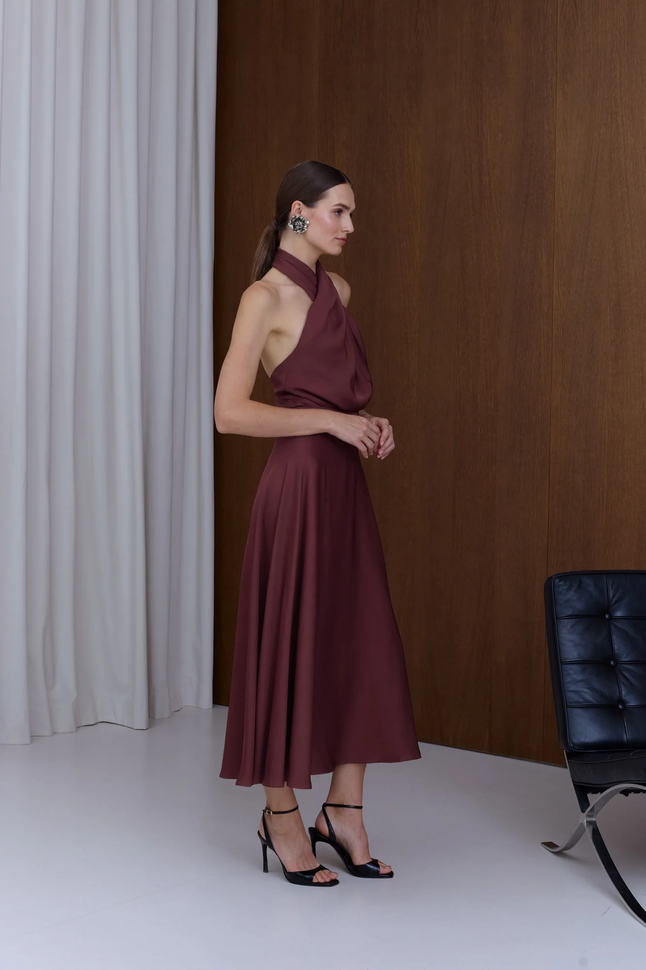 HEIDI Burgundy X Neck Midi Party Dress - Image 3