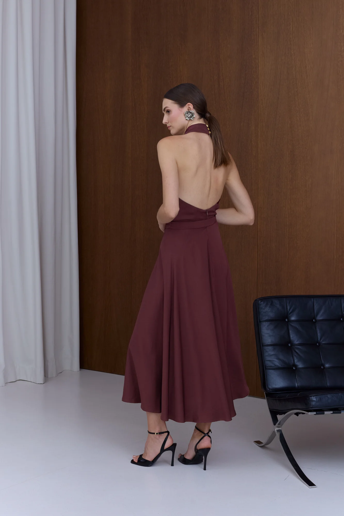 HEIDI Burgundy X Neck Midi Party Dress - Image 4