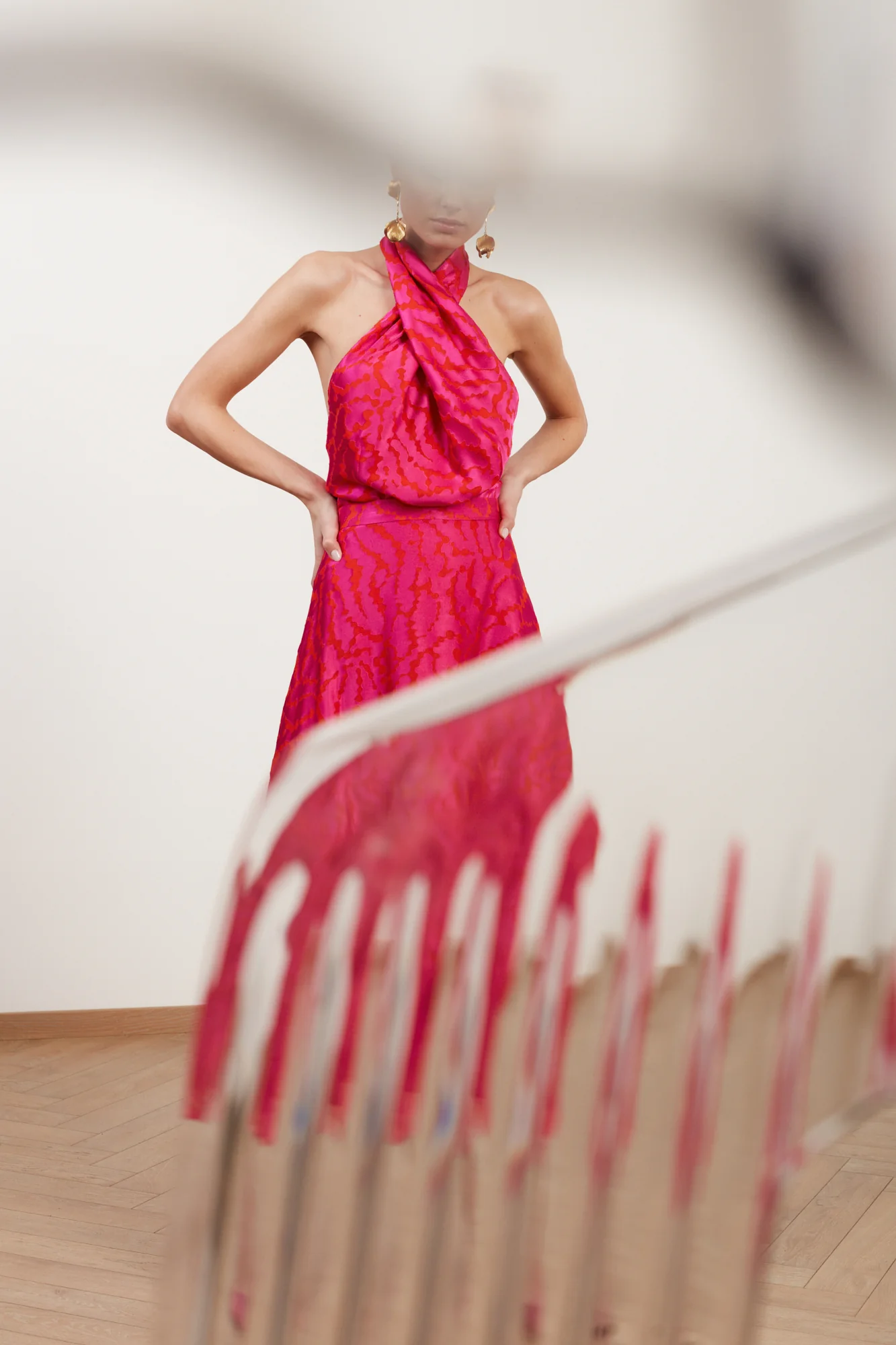 HEIDI red fuchsia print halter neck midi dress - Image 6