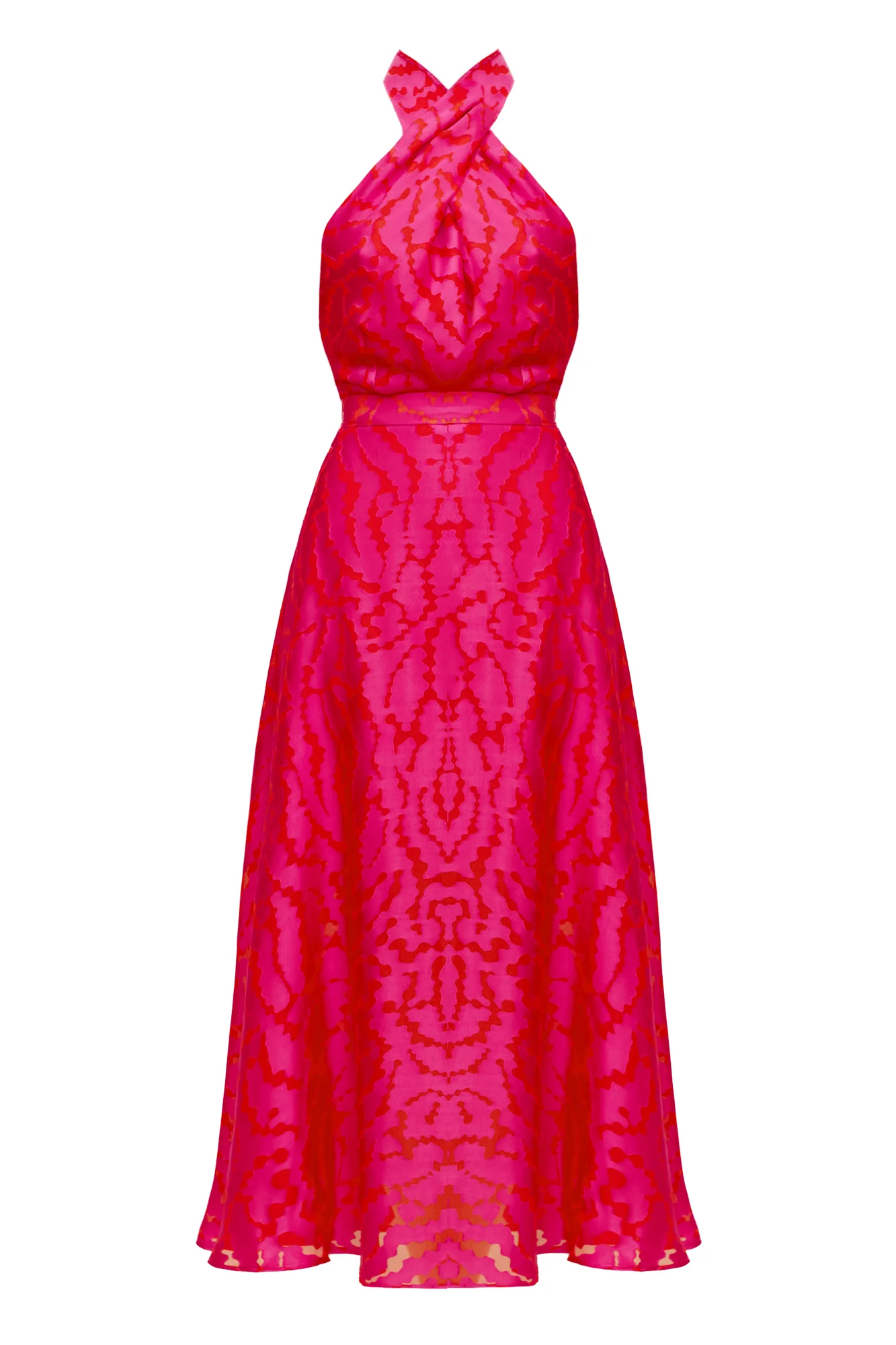 HEIDI red fuchsia print halter neck midi dress - Image 7