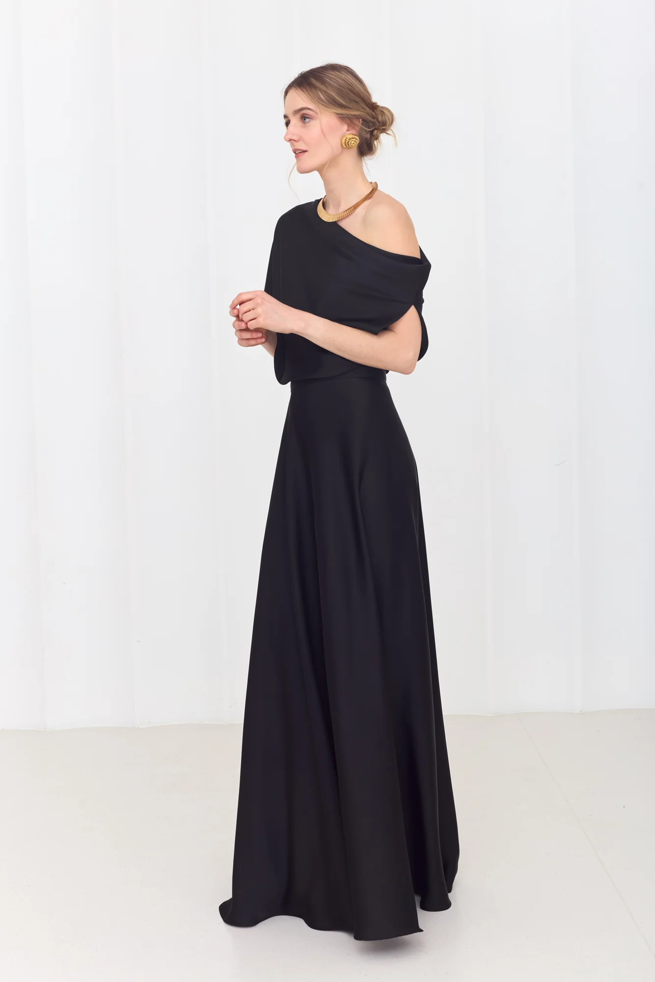 HELEN Black Maxi Dress with Asymmetric Sleeves - Image 3