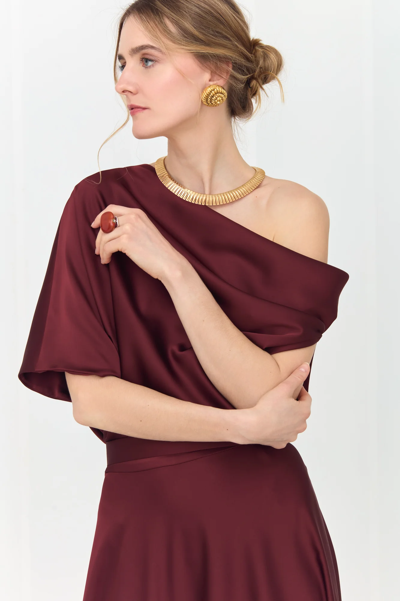HELEN Rich Burgundy Maxi Dress with Asymmetric Sleeves - Image 2
