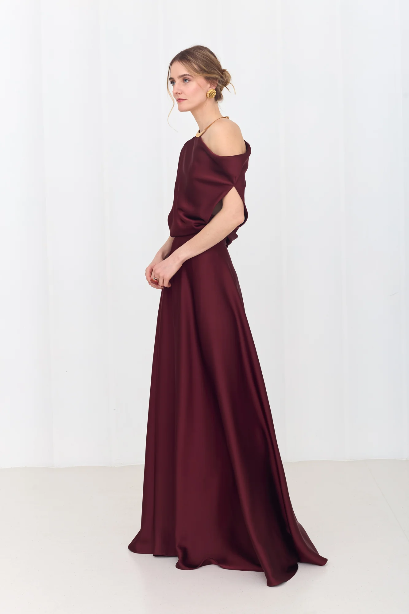 HELEN Rich Burgundy Maxi Dress with Asymmetric Sleeves - Image 3