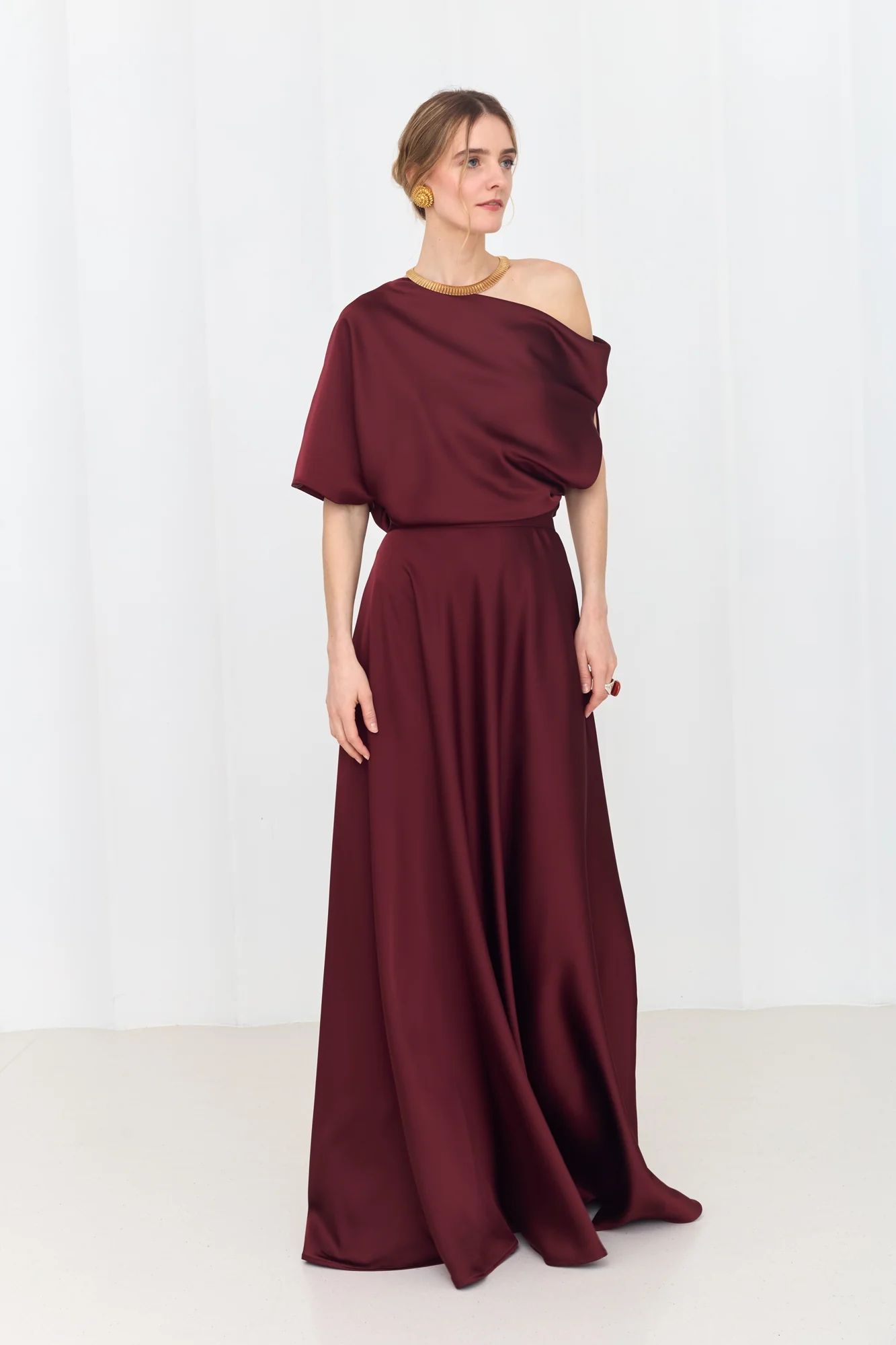 HELEN Rich Burgundy Maxi Dress with Asymmetric Sleeves - Image 4
