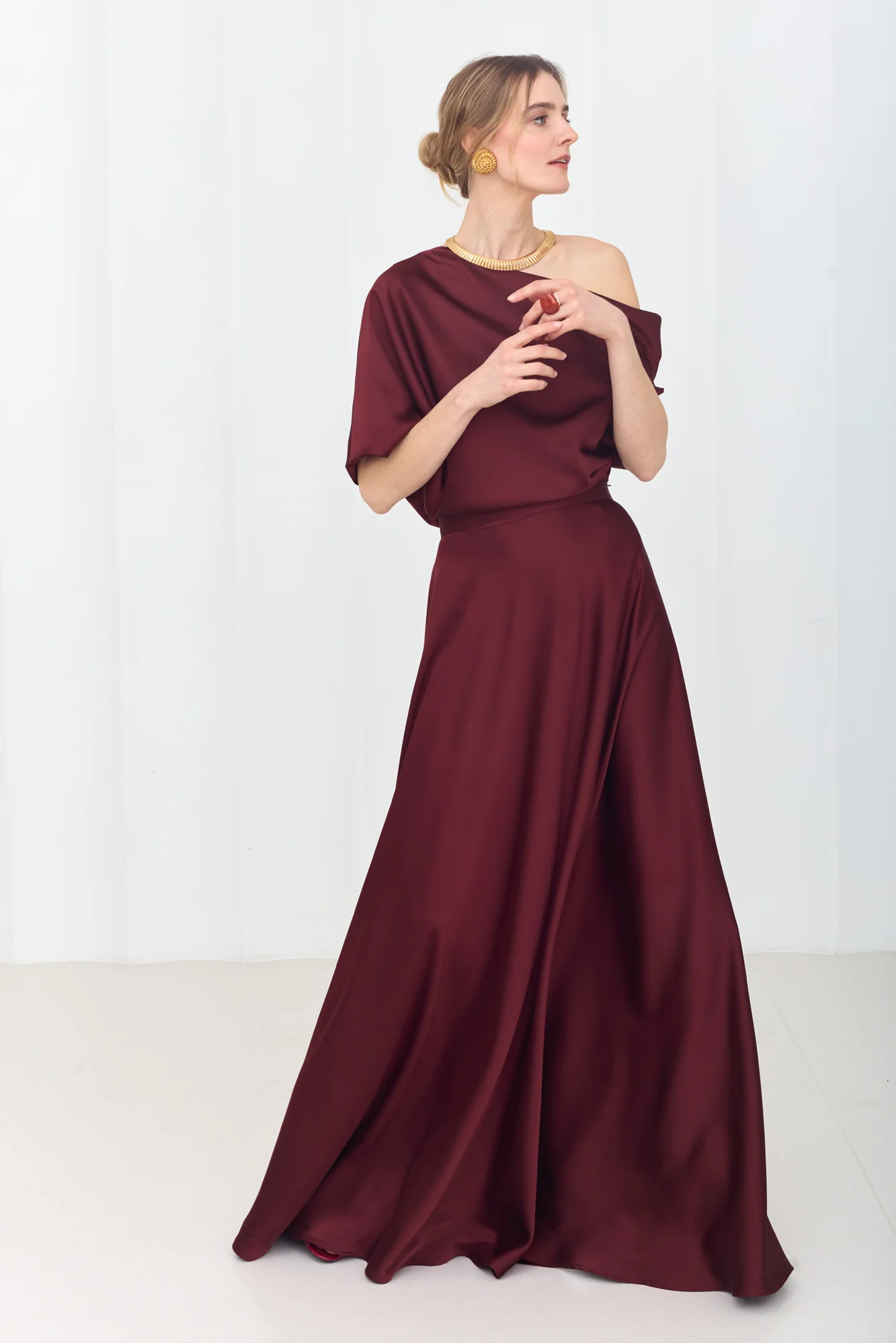 HELEN Rich Burgundy Maxi Dress with Asymmetric Sleeves - Image 6
