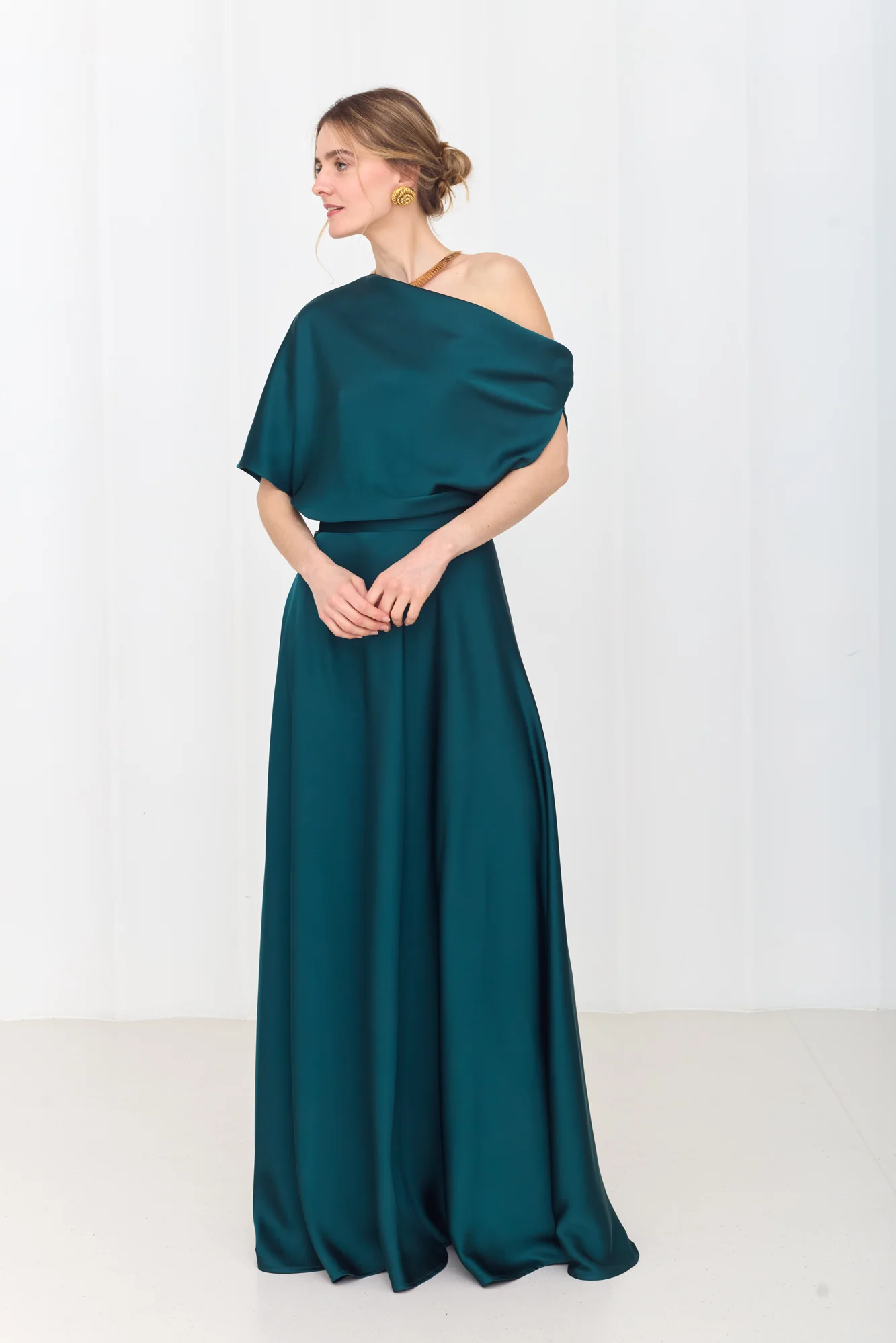 HELEN Teal Blue Green Maxi Dress with Asymmetric Sleeves - Image 3