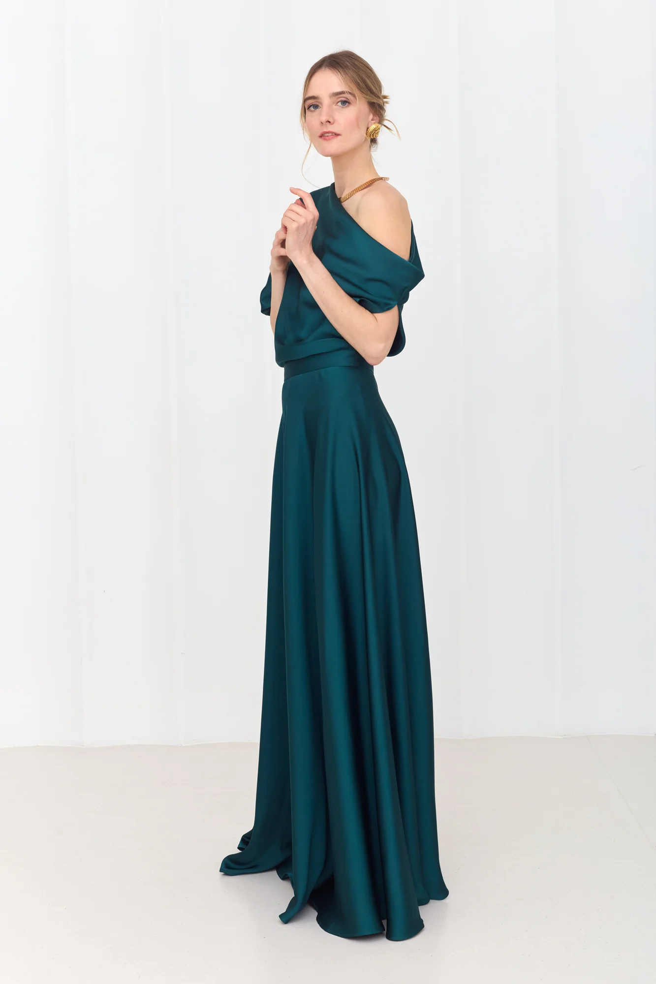 HELEN Teal Blue Green Maxi Dress with Asymmetric Sleeves - Image 5