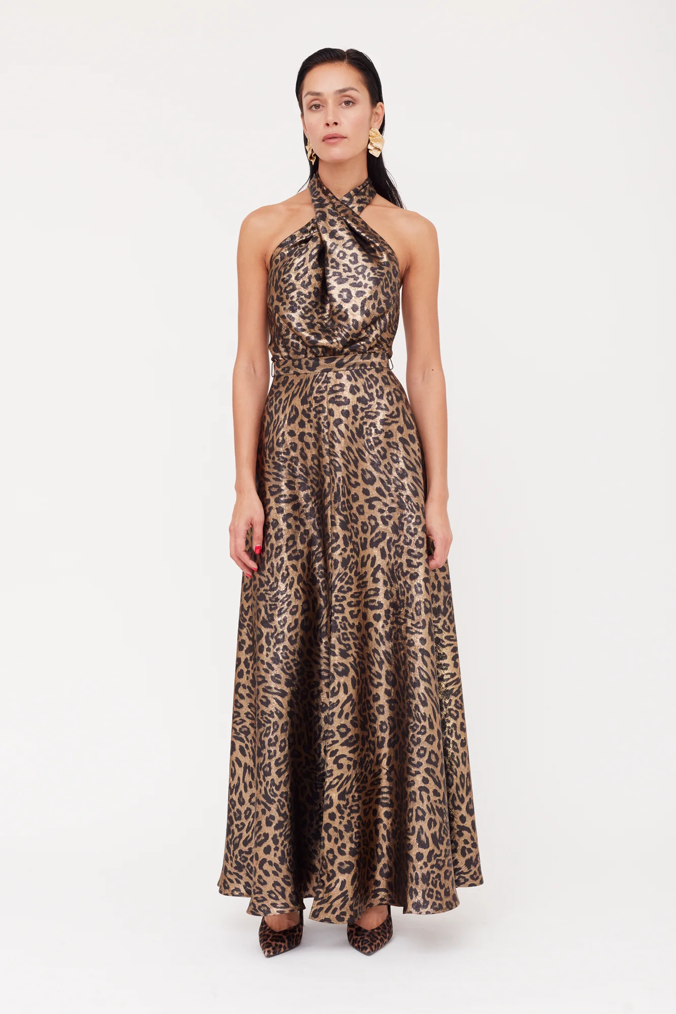HELIDA Black Bronze Leopard Print Long Dress With Criss-Cross Neck - Image 3