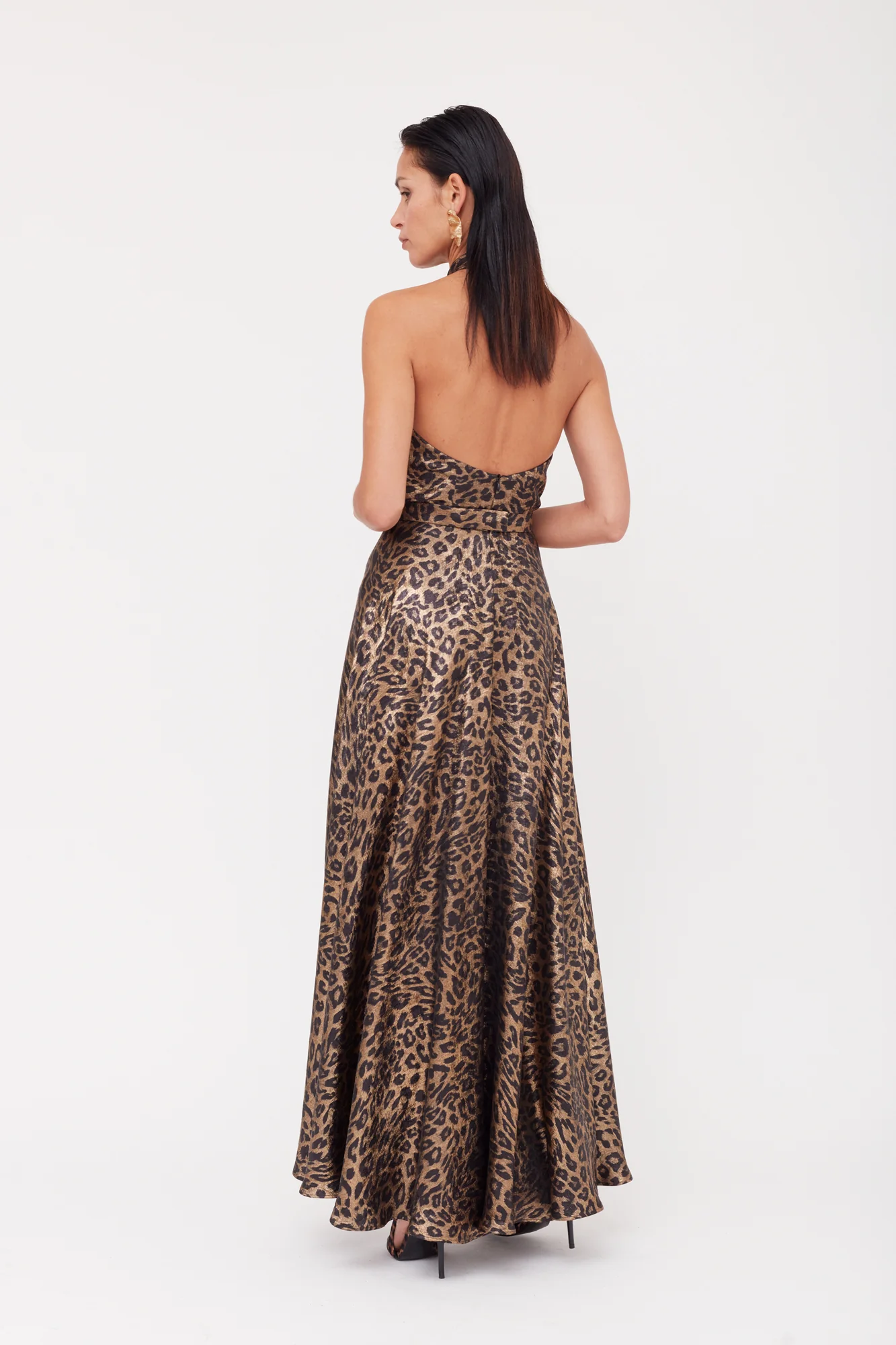 HELIDA Black Bronze Leopard Print Long Dress With Criss-Cross Neck - Image 4