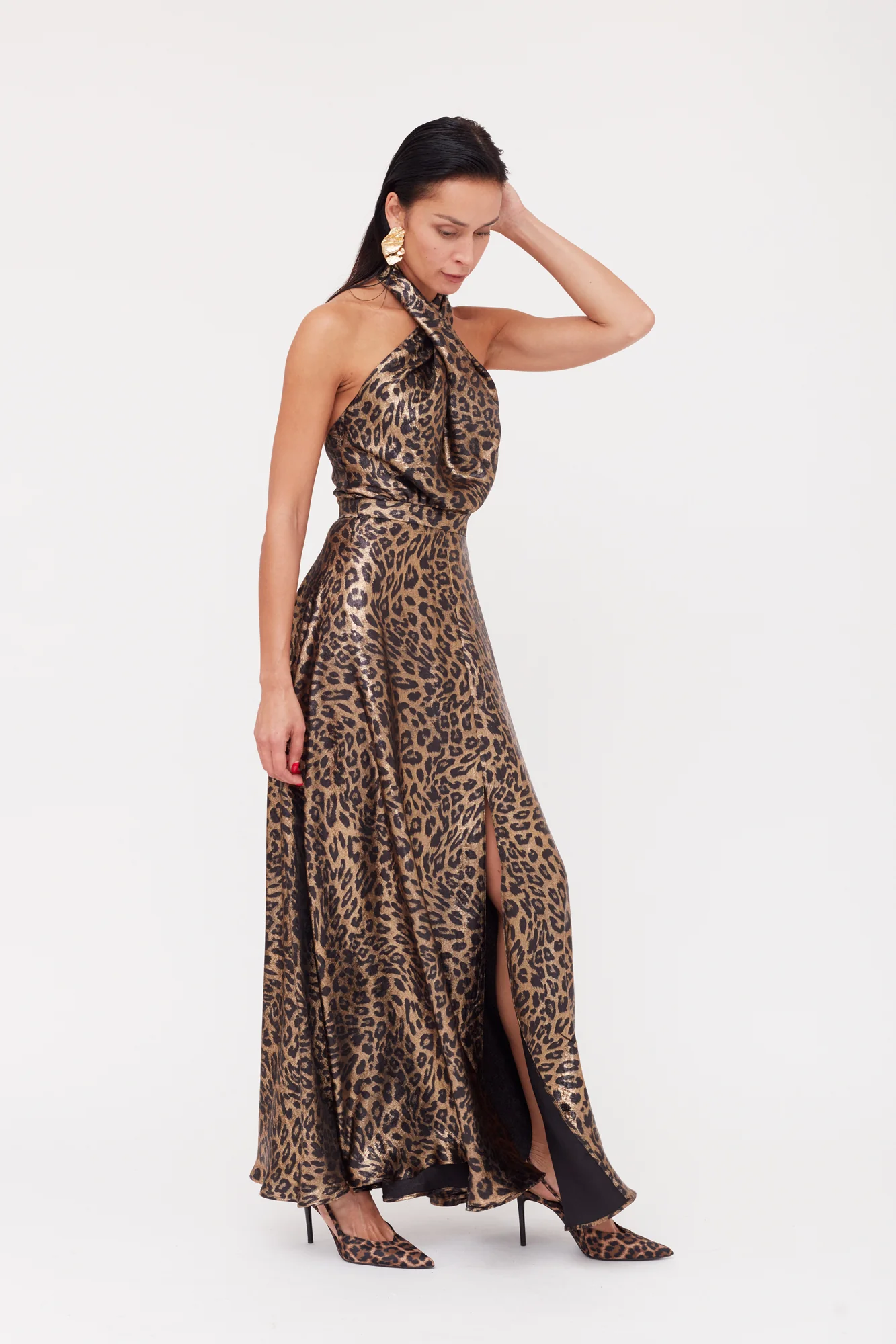 HELIDA Black Bronze Leopard Print Long Dress With Criss-Cross Neck - Image 5