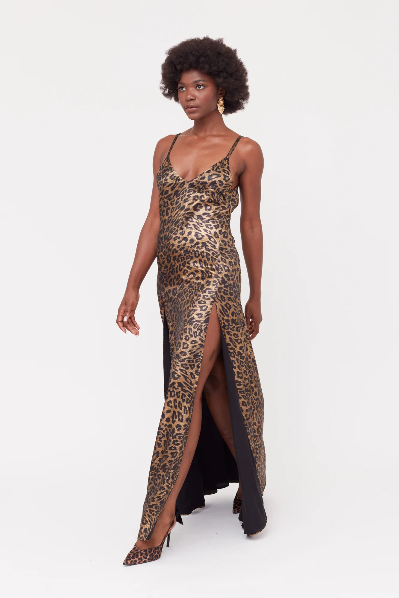 INES Leopard Metallic Fabric Long Open Back Dress - Image 10